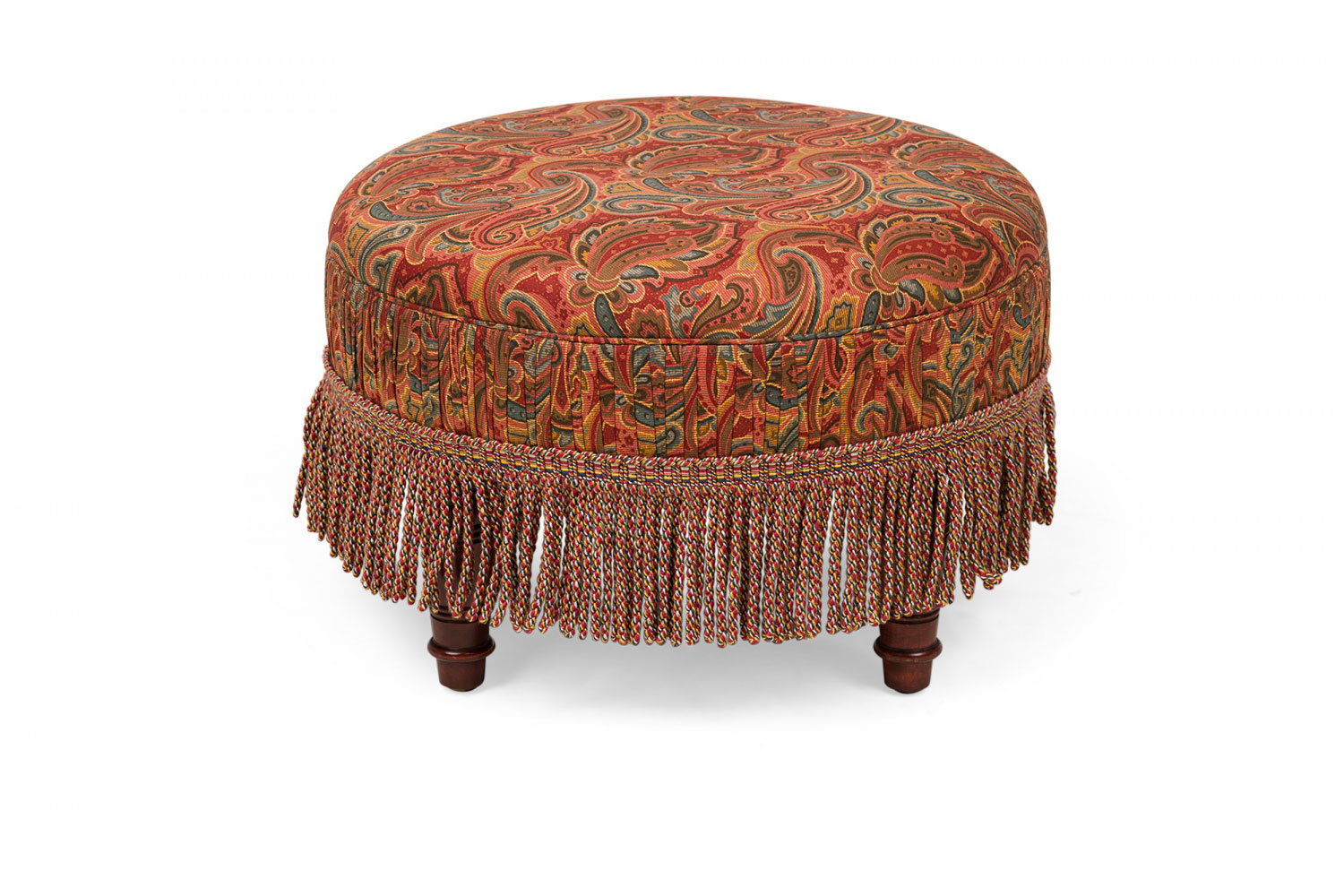 English victorian style red and blue paisley upholstered circular ottoman