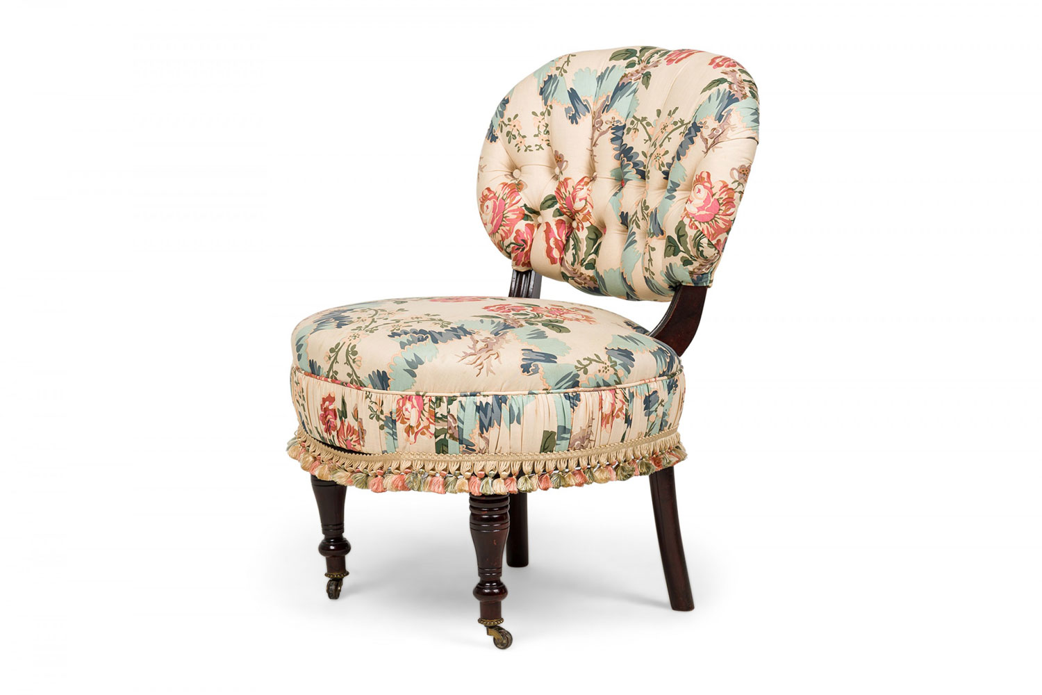 English victorian beige, pink, and blue pastel floral fabric upholstered wooden framed slipper chair