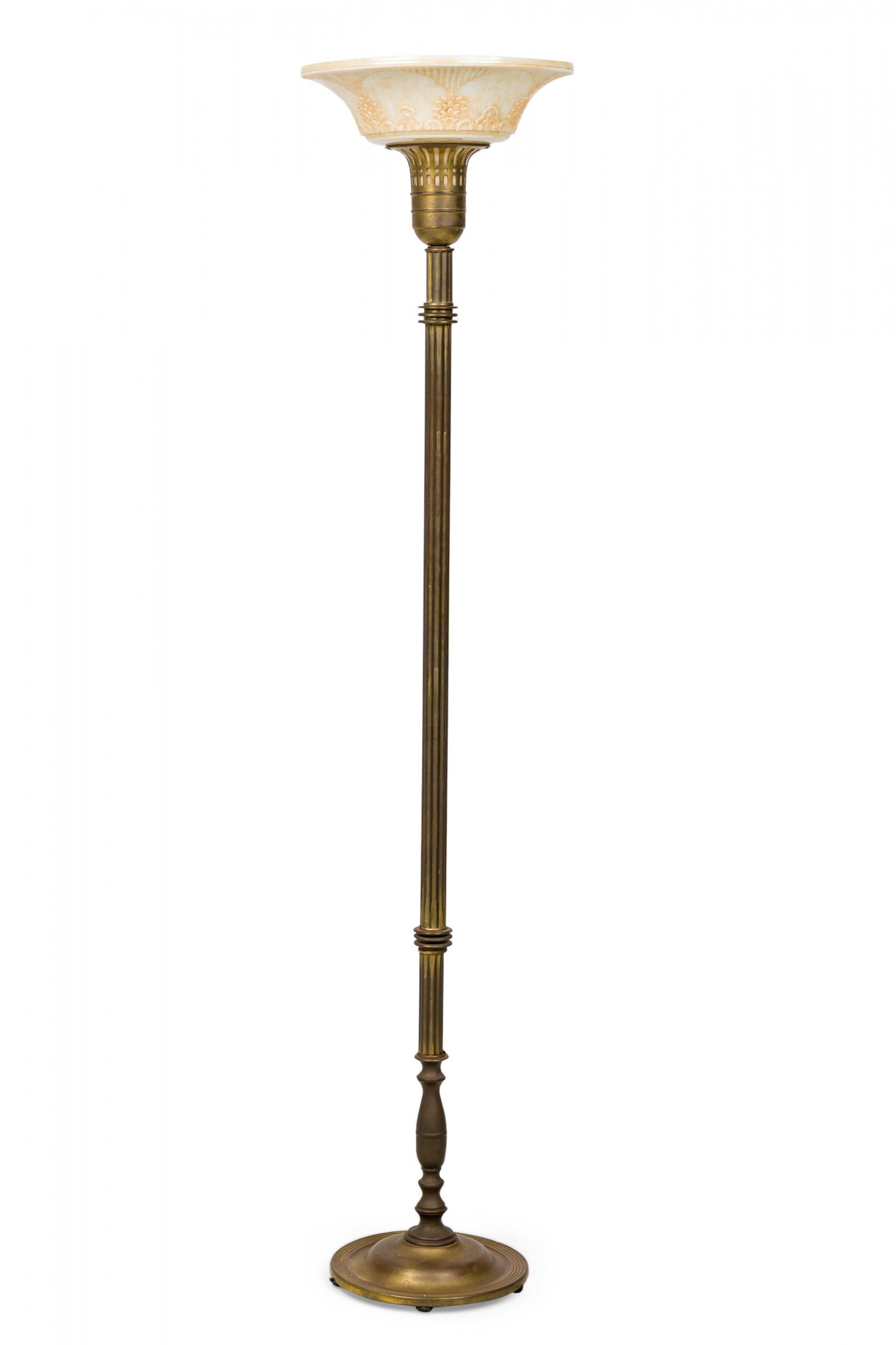 American art deco fluted brass floor lamp with white foliate patterned pressed glass shade