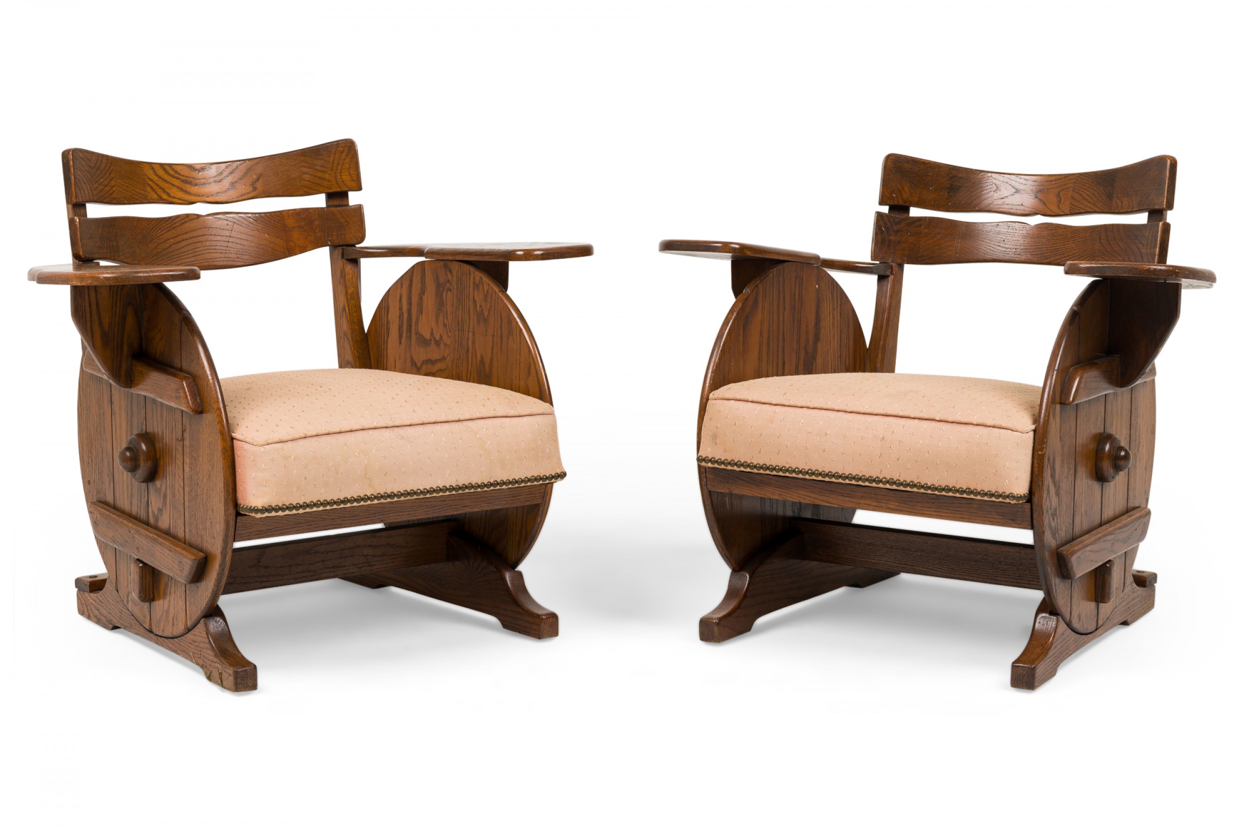 Pair of rustic adirondack beige upholstered wood chairs