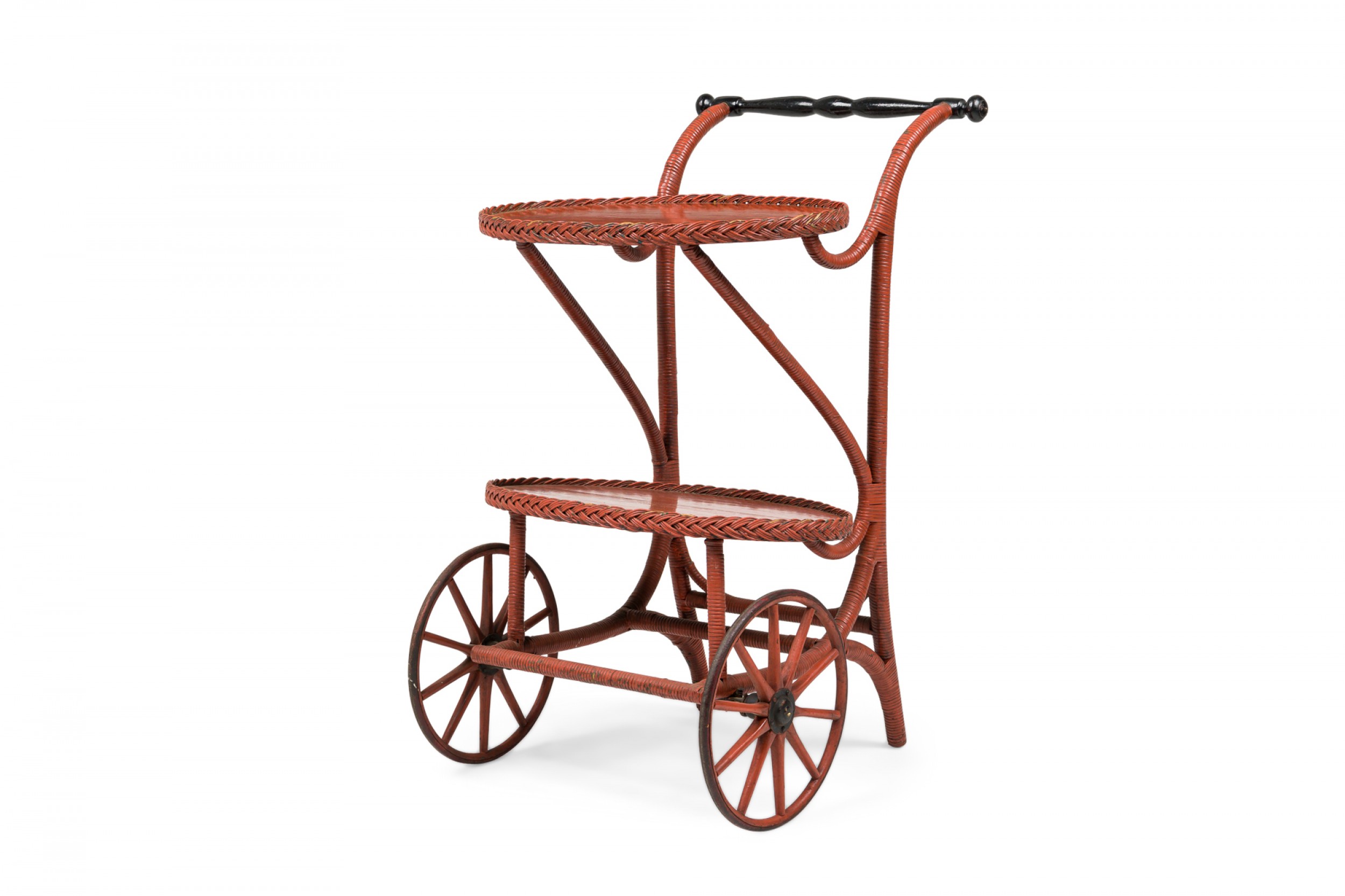 Victorian wicker and rouge painted rolling tea bar cart