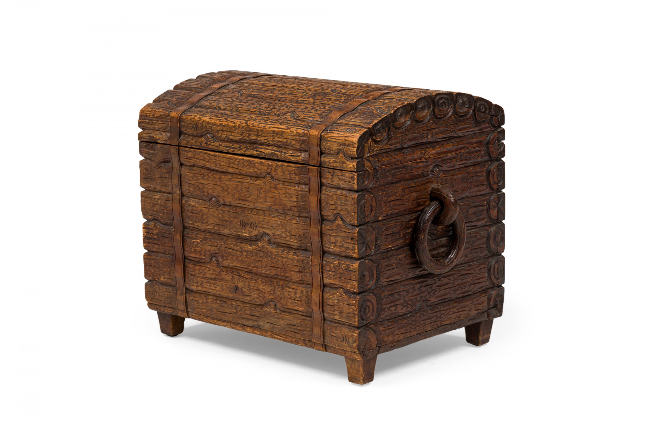 Rustic black forest wood trunk with hand carved exterior and ring handles