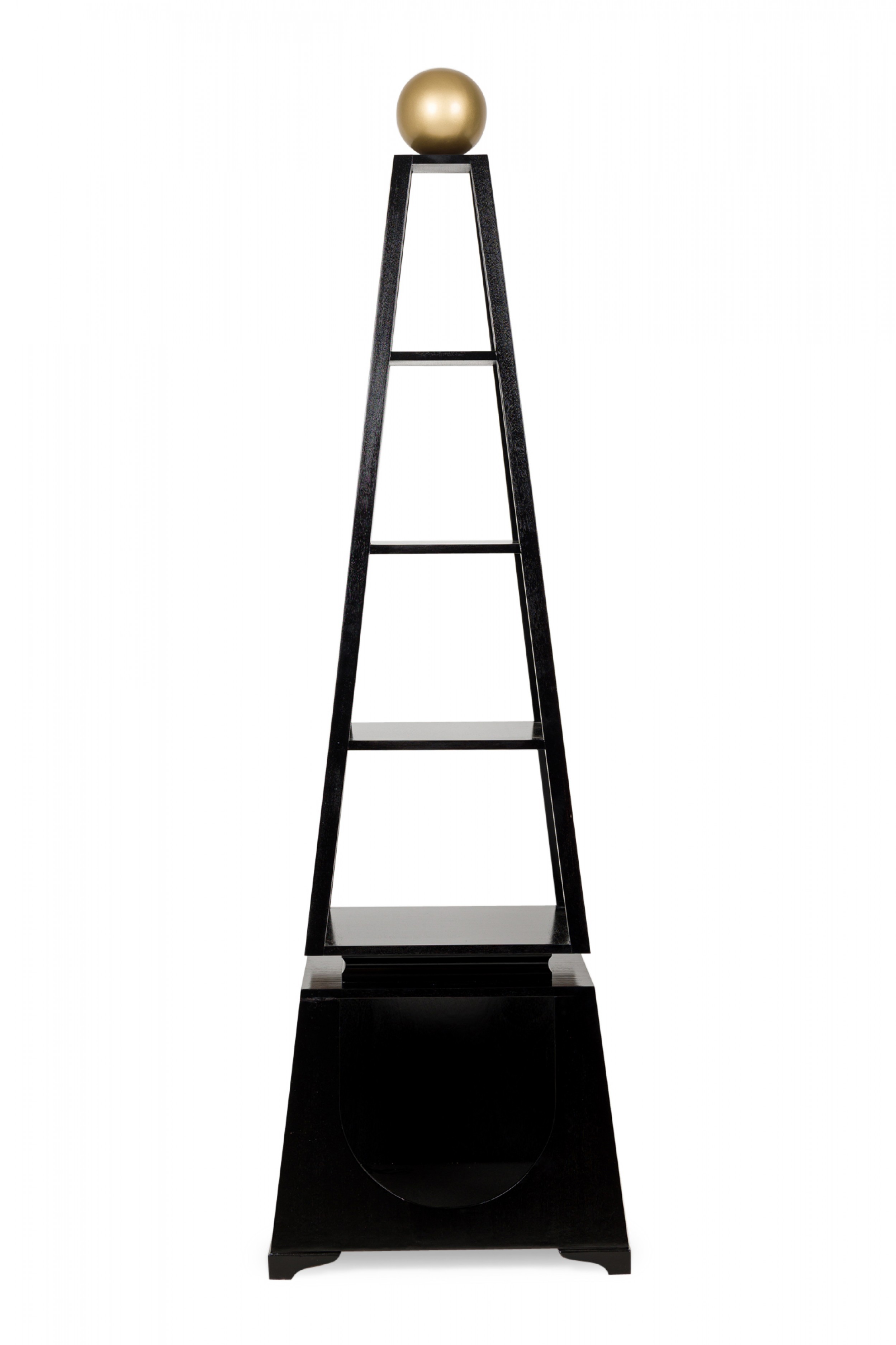 Pair of mid century obelisk form four shelf ebonized etageres display shelves