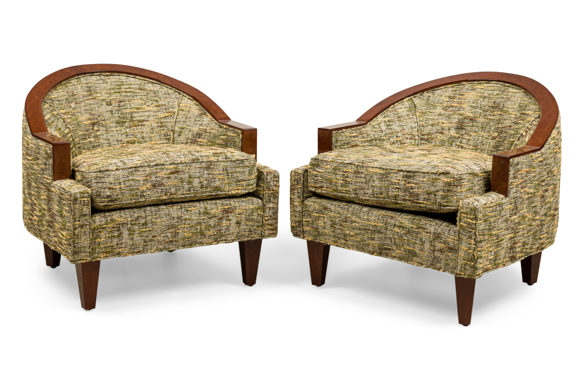 Pair of art deco french beige upholstered wooden tub chairs with step back arms