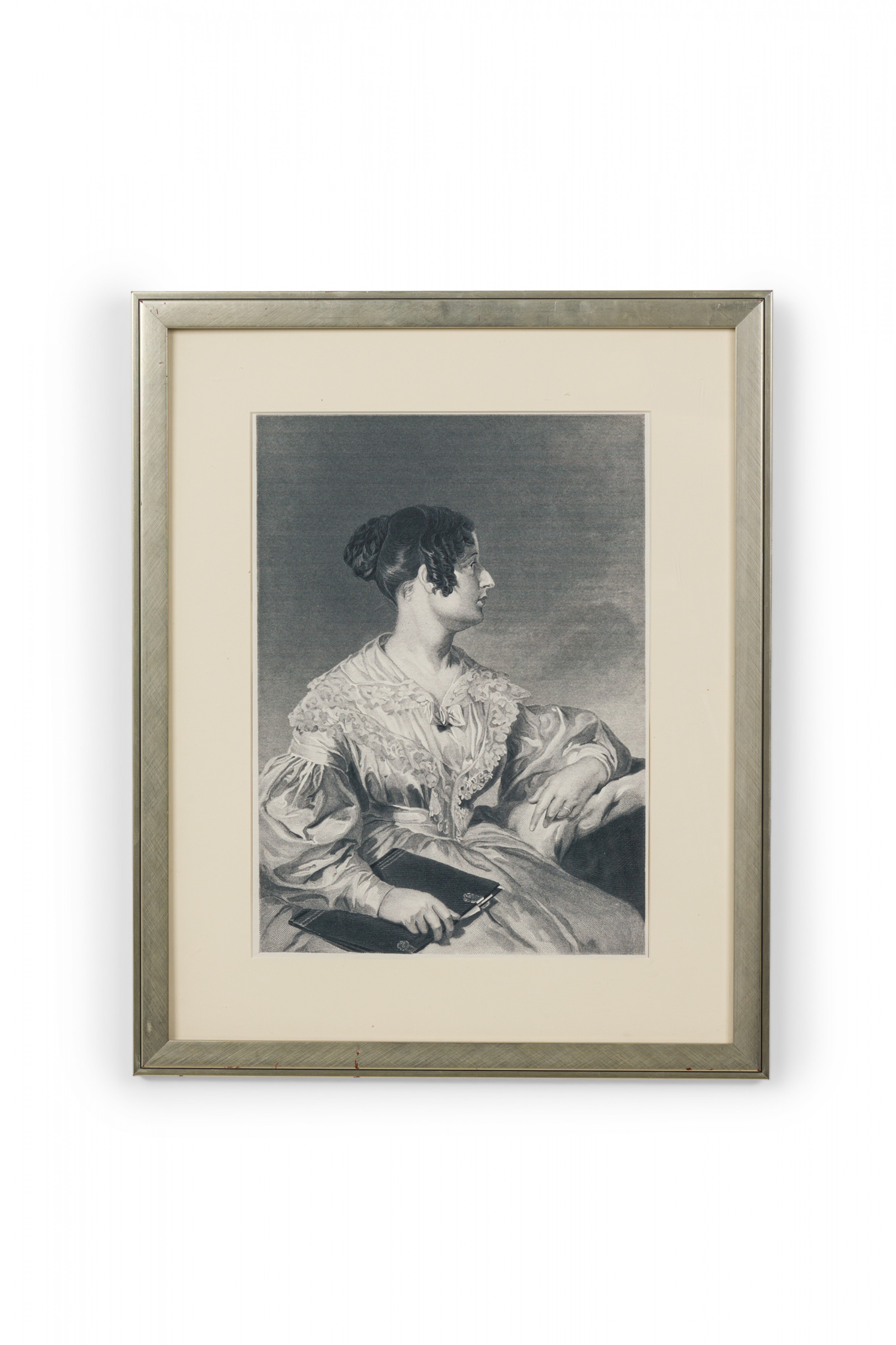 Framed american victorian style print of an engraved portrait depicting a seated lady in profile