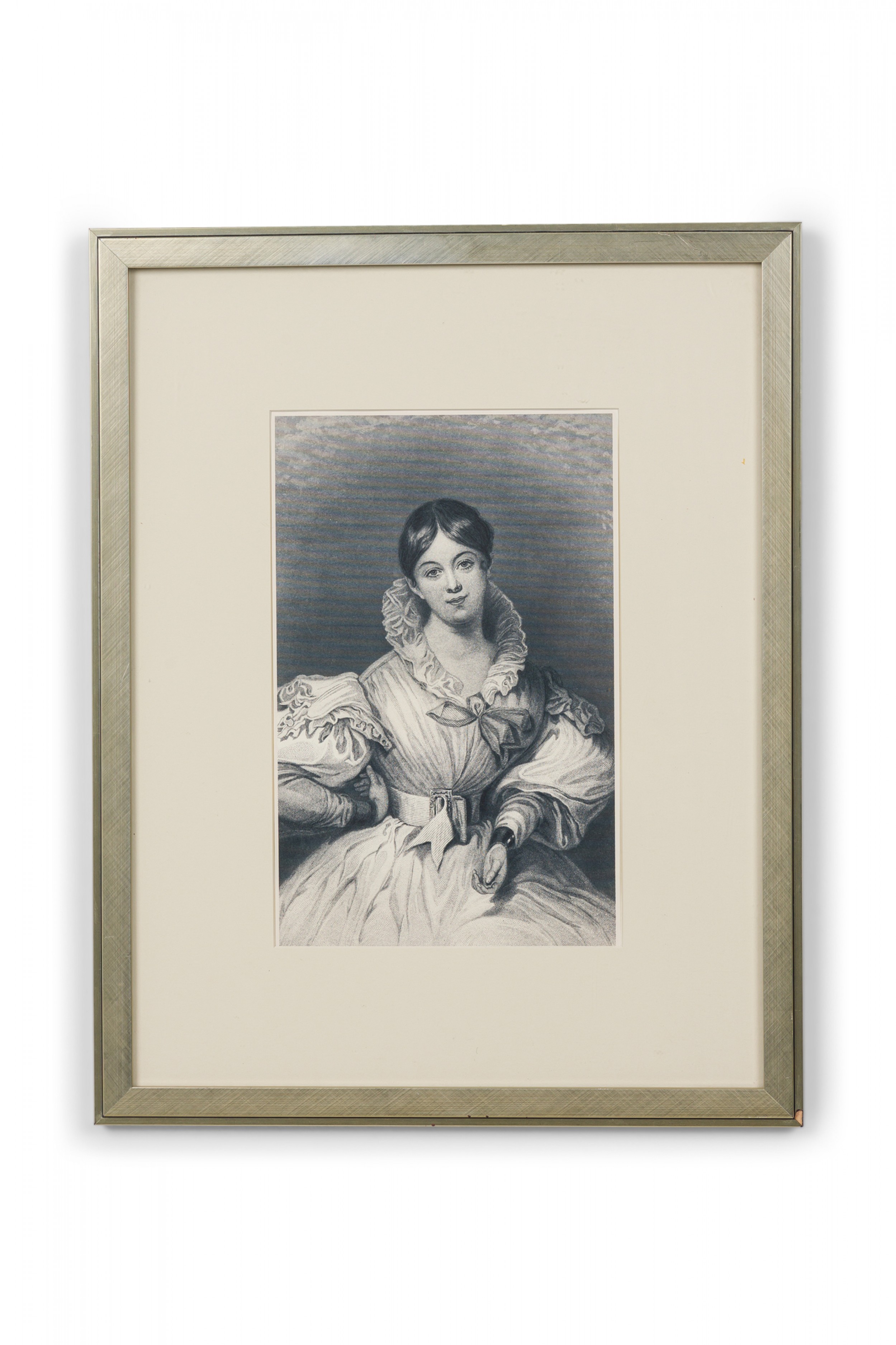 Framed american victorian style print of an engraved portrait depicting a lady with ruffled collar