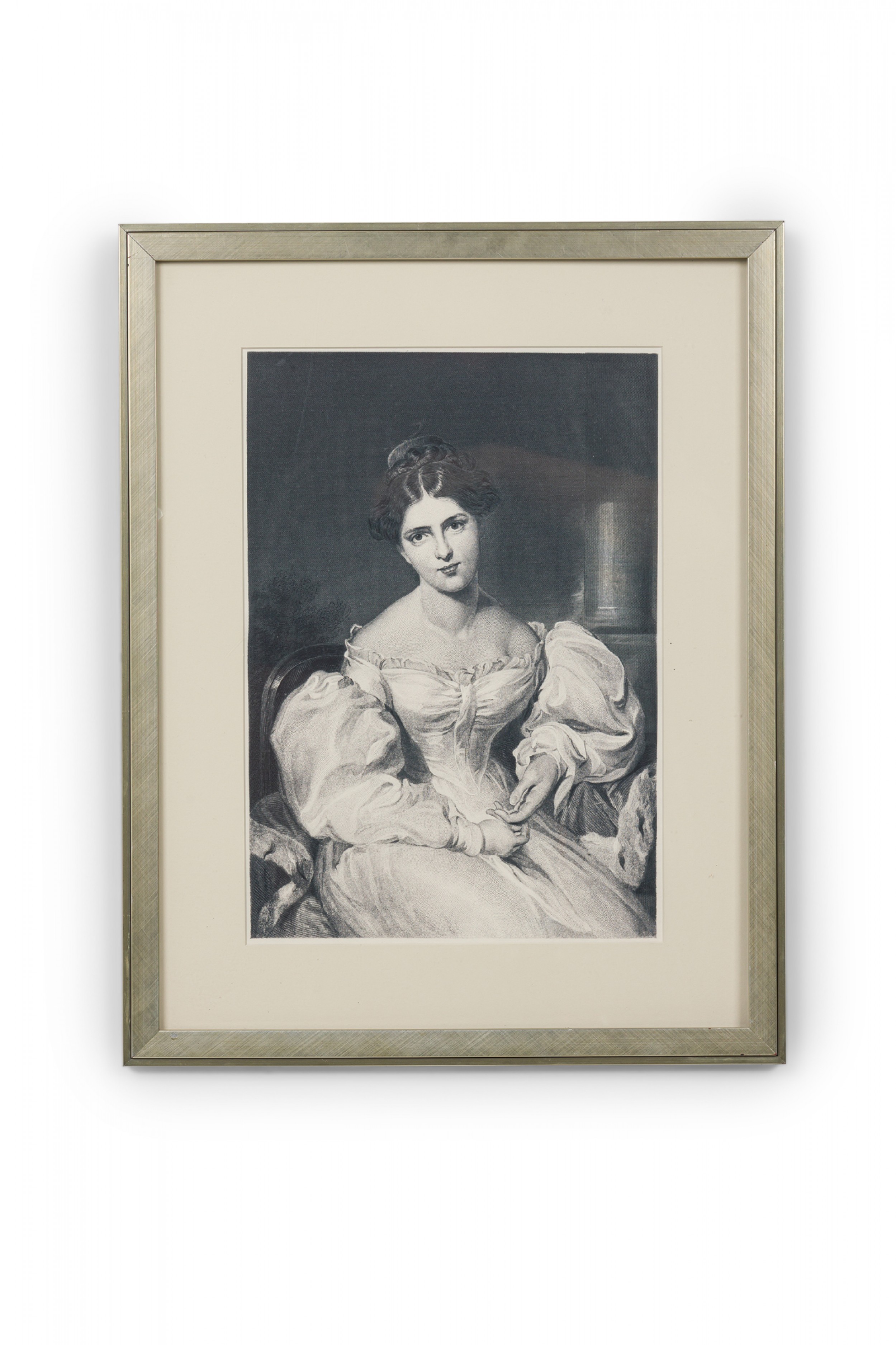 Framed american victorian style print of an engraved portrait depicting a lady in a blouson dress