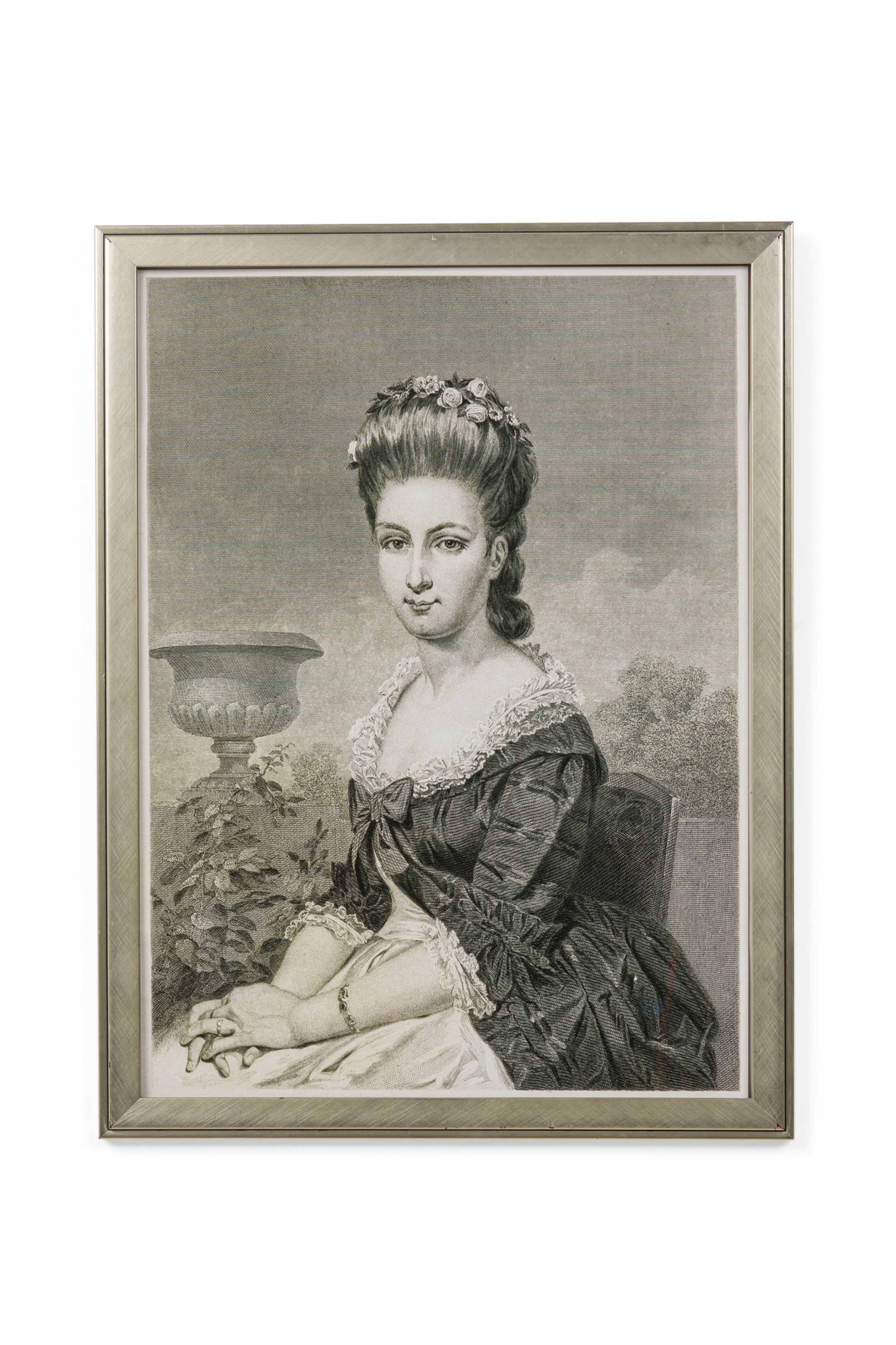 Framed american victorian print of an engraved portrait depicting a seated lady with an urn