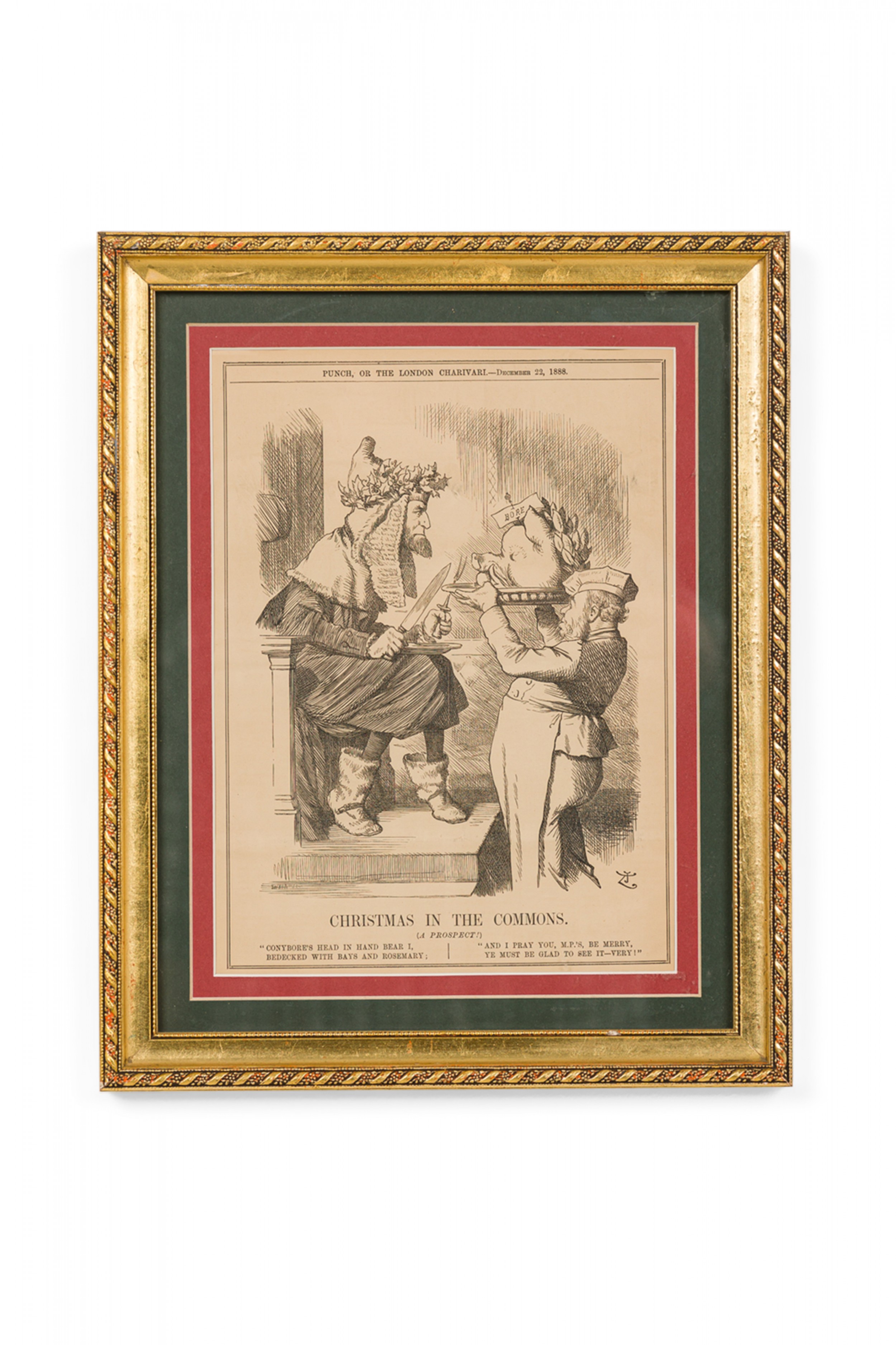 Framed english victorian style print of an engraving titled christmas in the commons