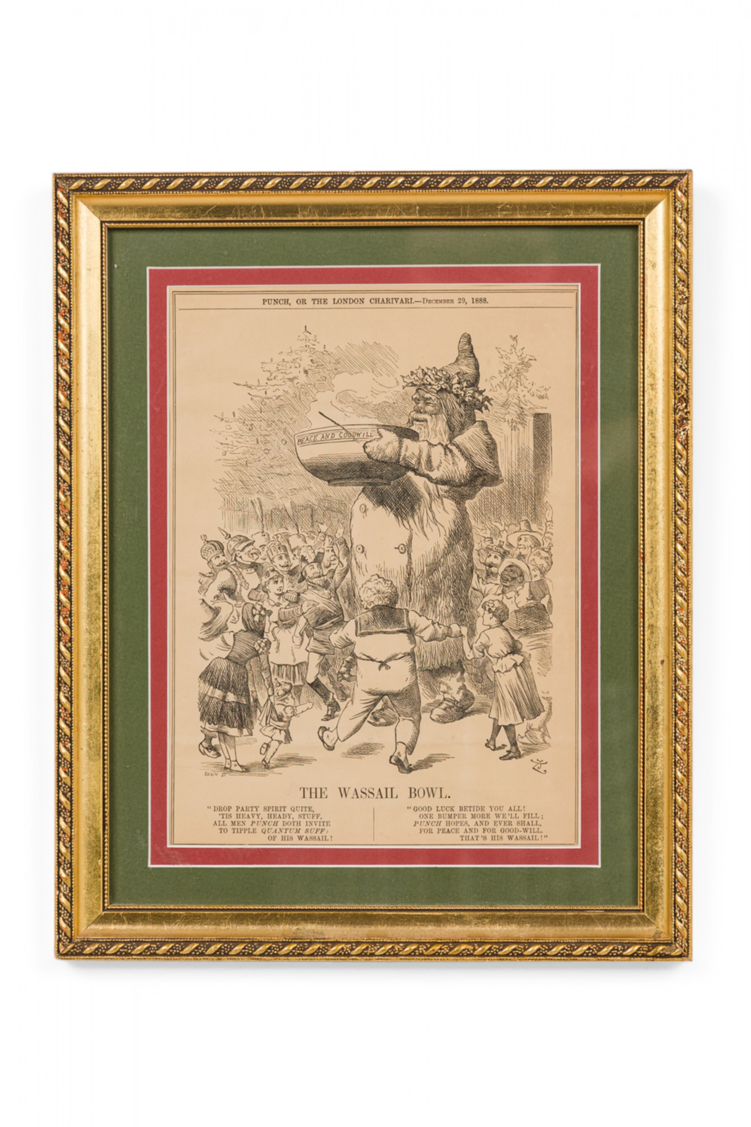 Framed english victorian style print of an engraving titled the wassail bowl