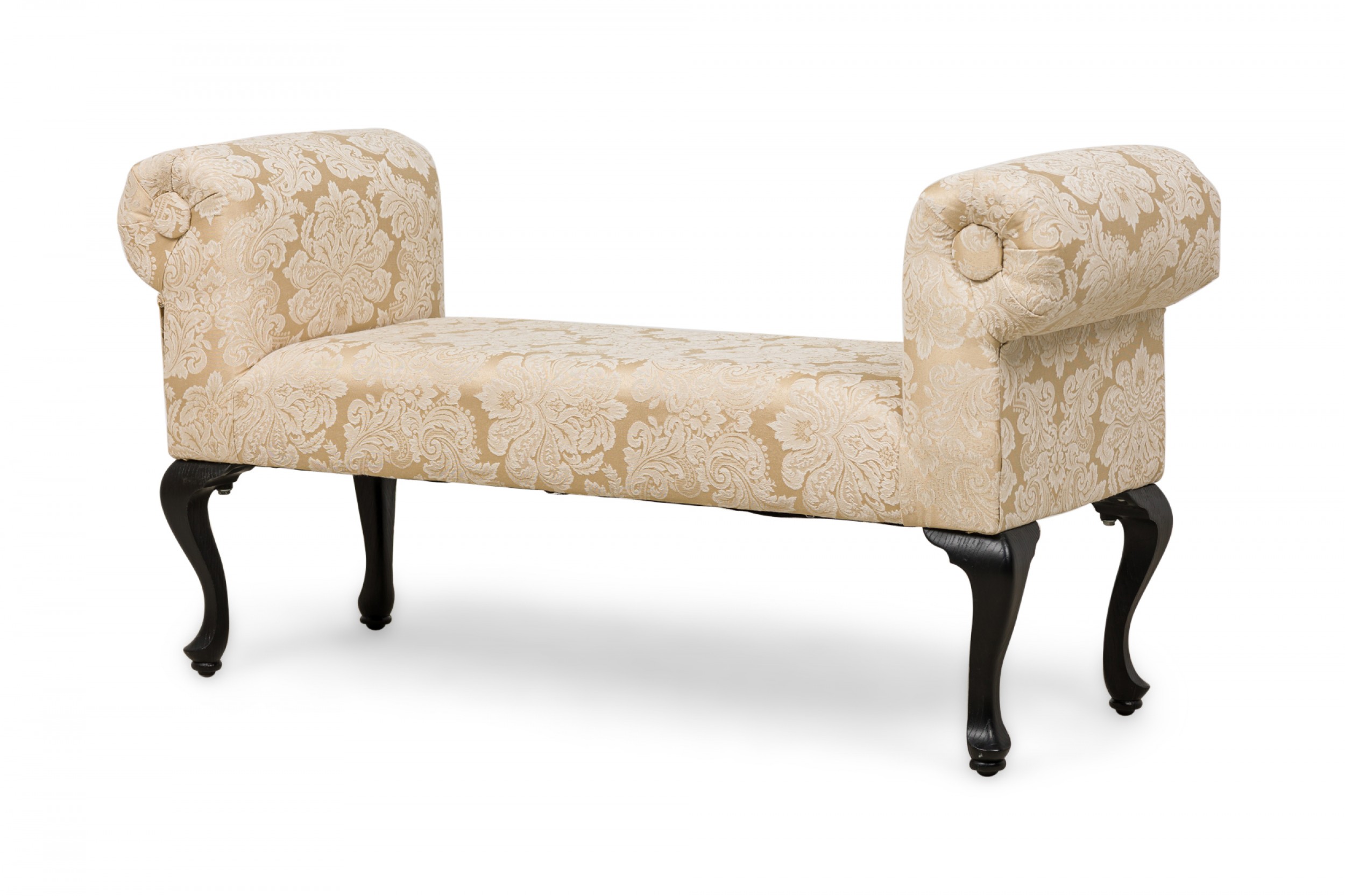 Mid century american scroll arm upholstered bench with beige damask floral upholstery