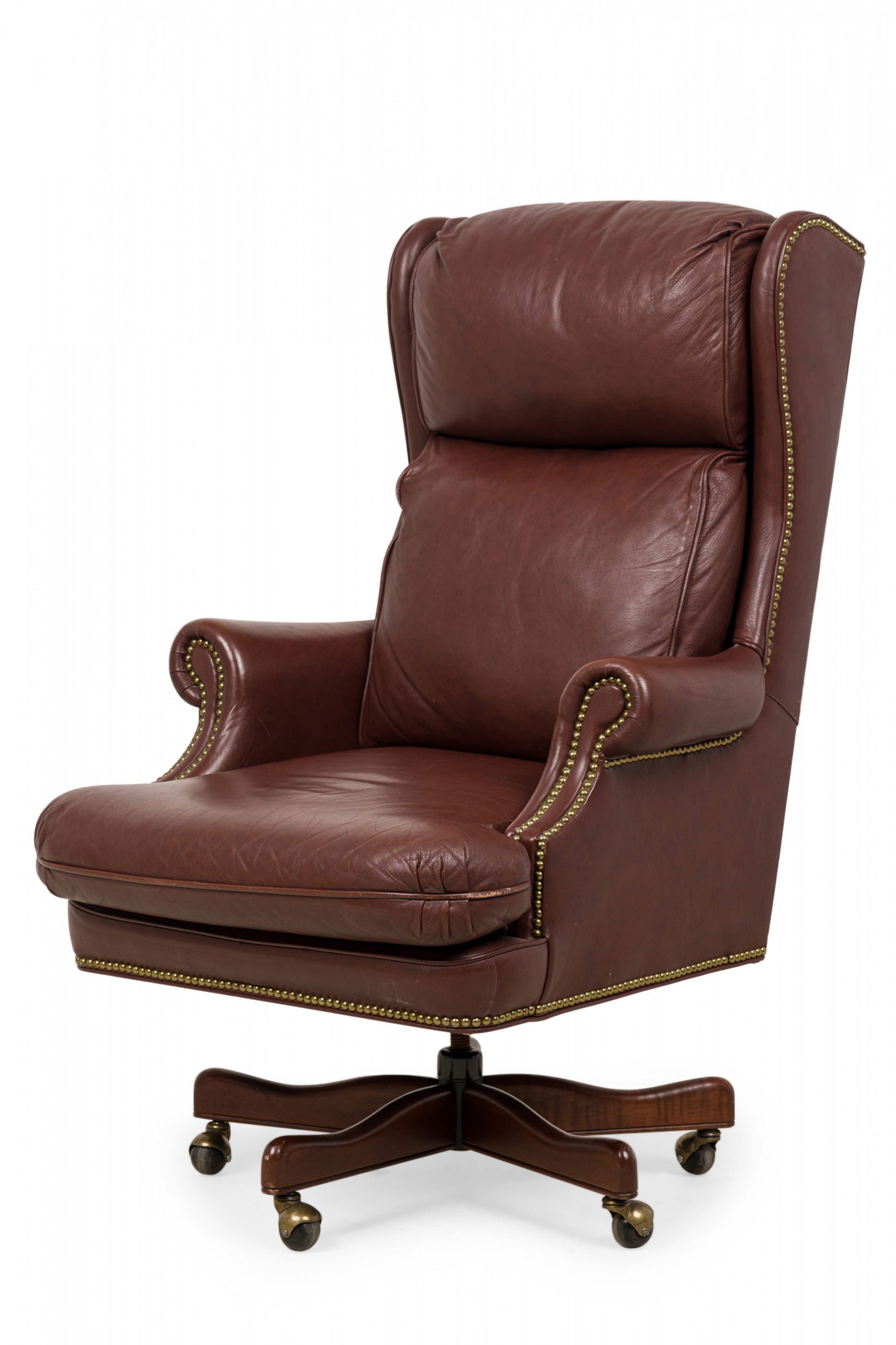Mid century american brown leather wingback executive office chair