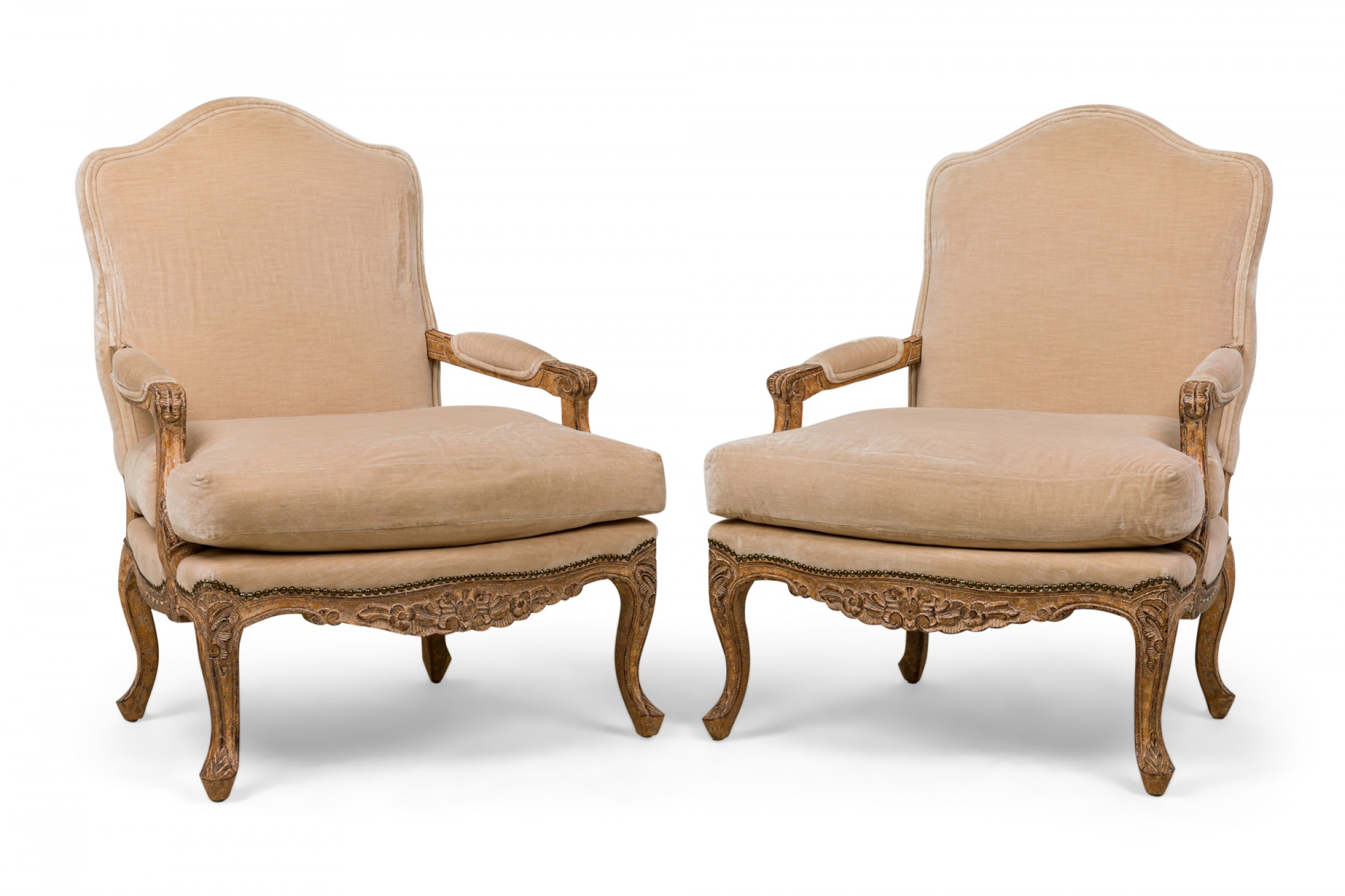 Pair of french louis xv style high back armchairs with beige velvet upholstery