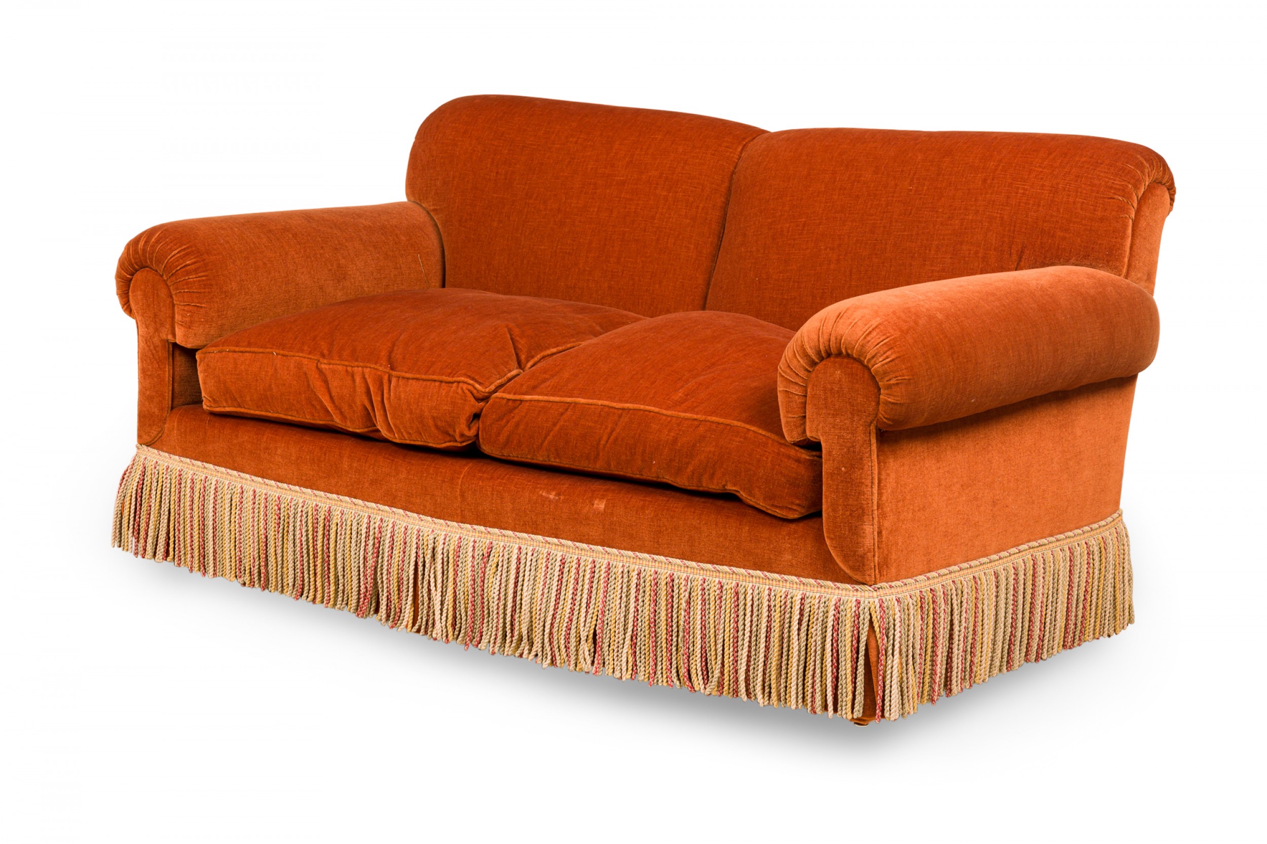 Mid century american rust velvet upholstered two seater fringed sofa