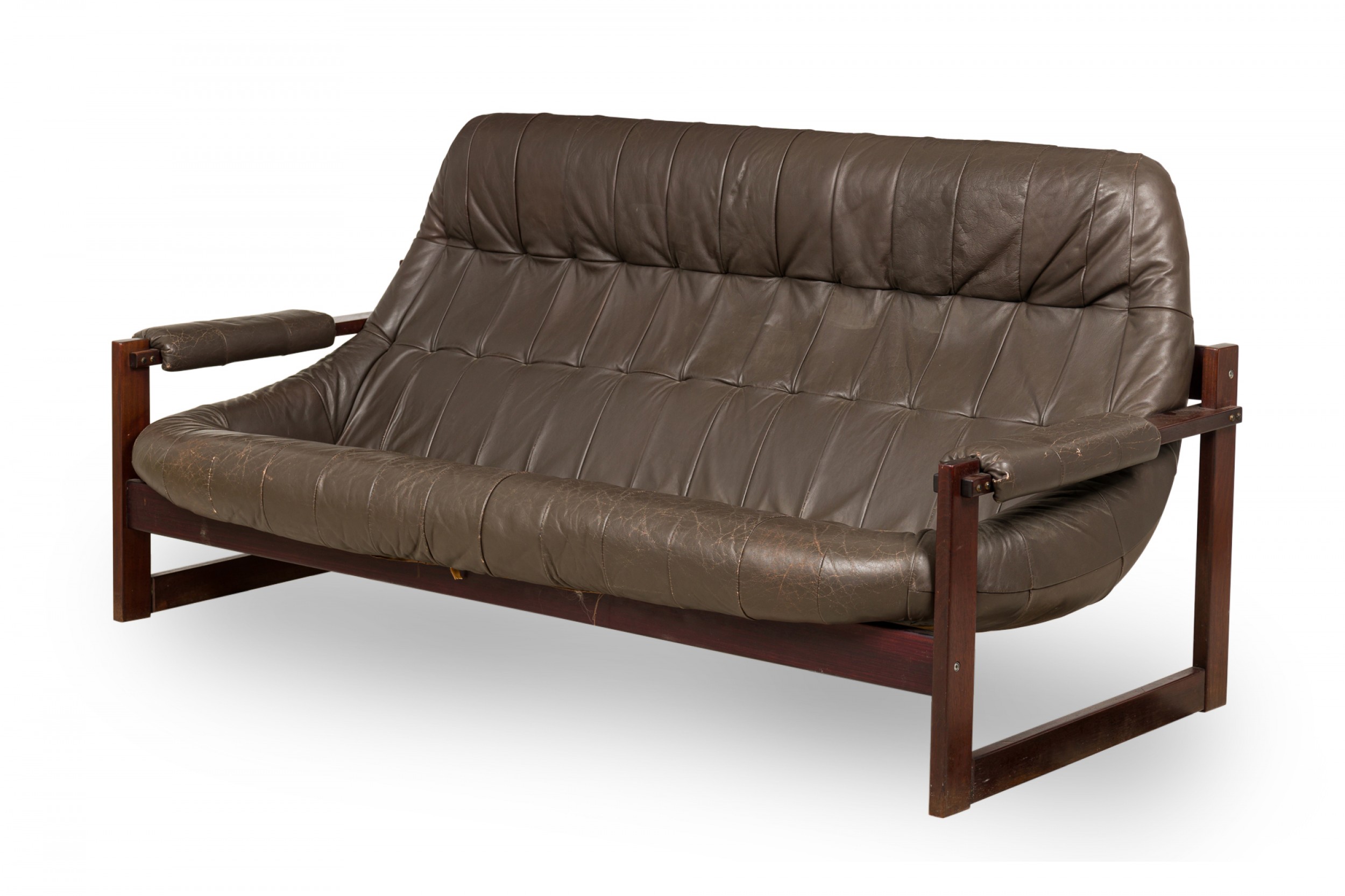 Mid century scandinavian style tufted brown leather upholstered sofa on rectilinear wooden frame