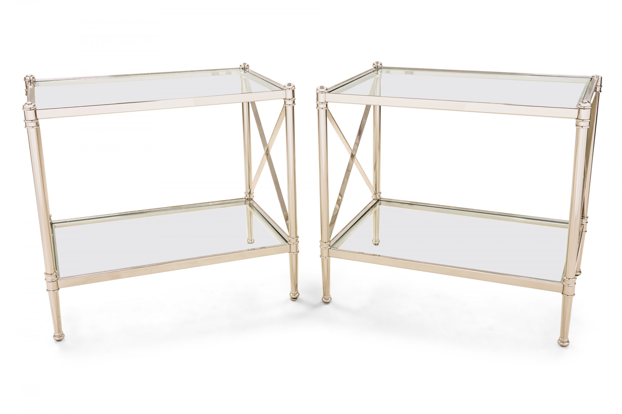 Pair of american Mid Century style silver metal rectangular end  side tables with inlaid glass tops