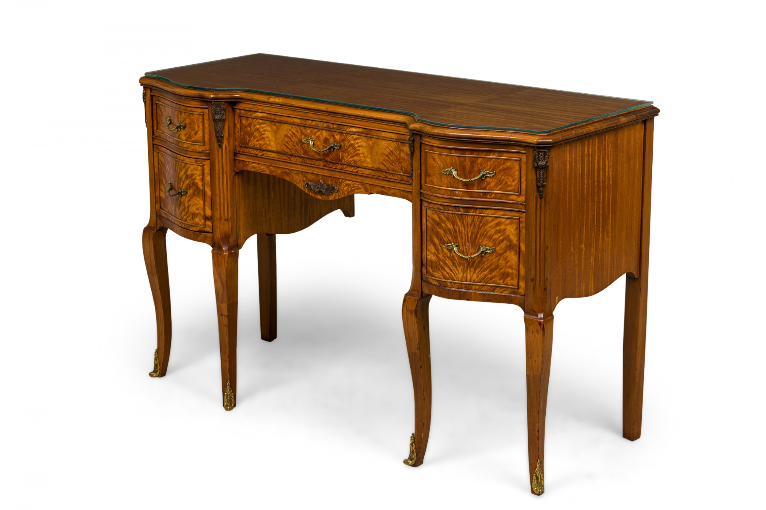 French provincial style burlwood vanity desk with glass top