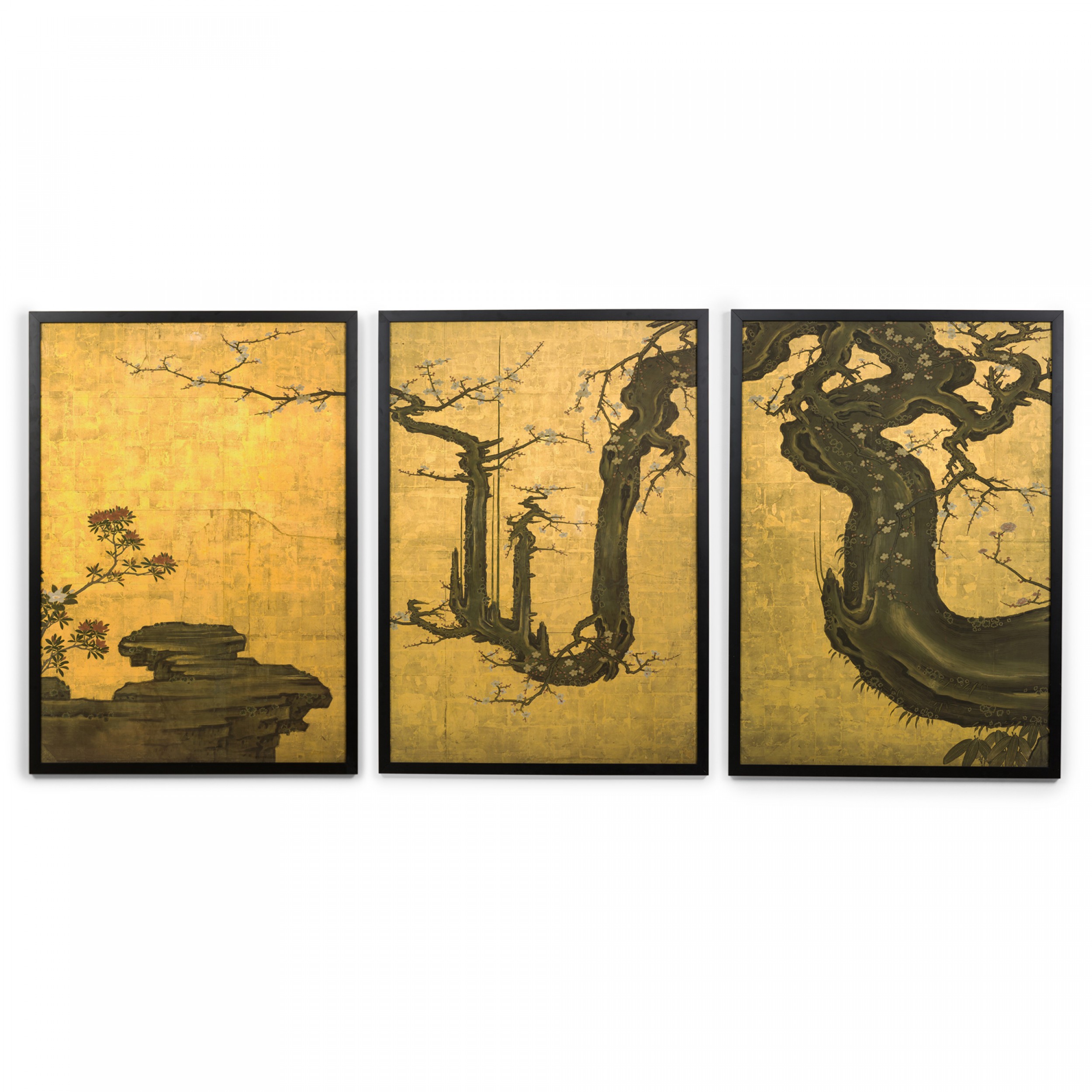 Framed contemporary japanese print triptych of an oil landscape depicting flowering cherry trees