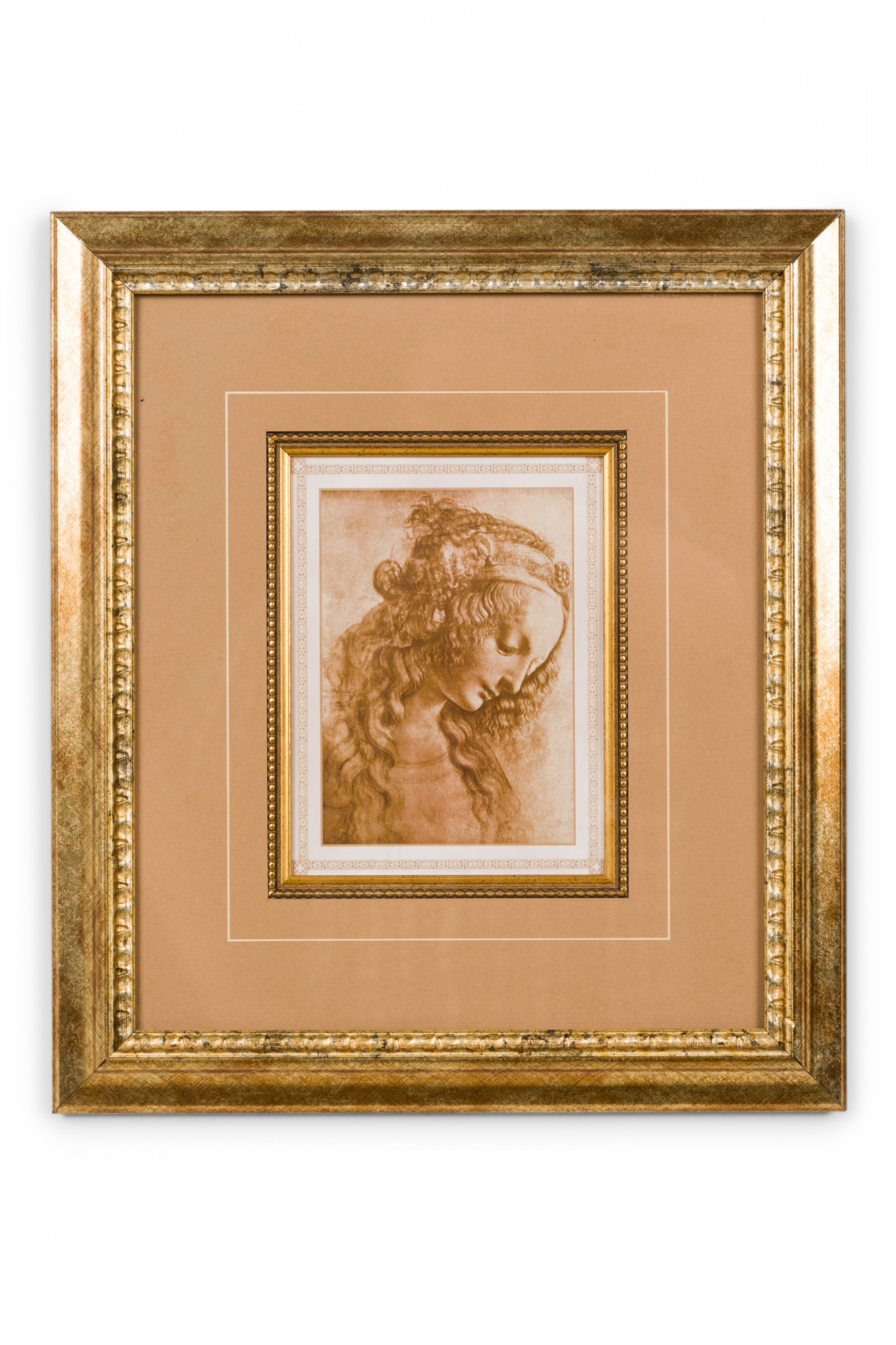 Framed american victorian style print of a sepia pencil portrait depicting a lady in profile