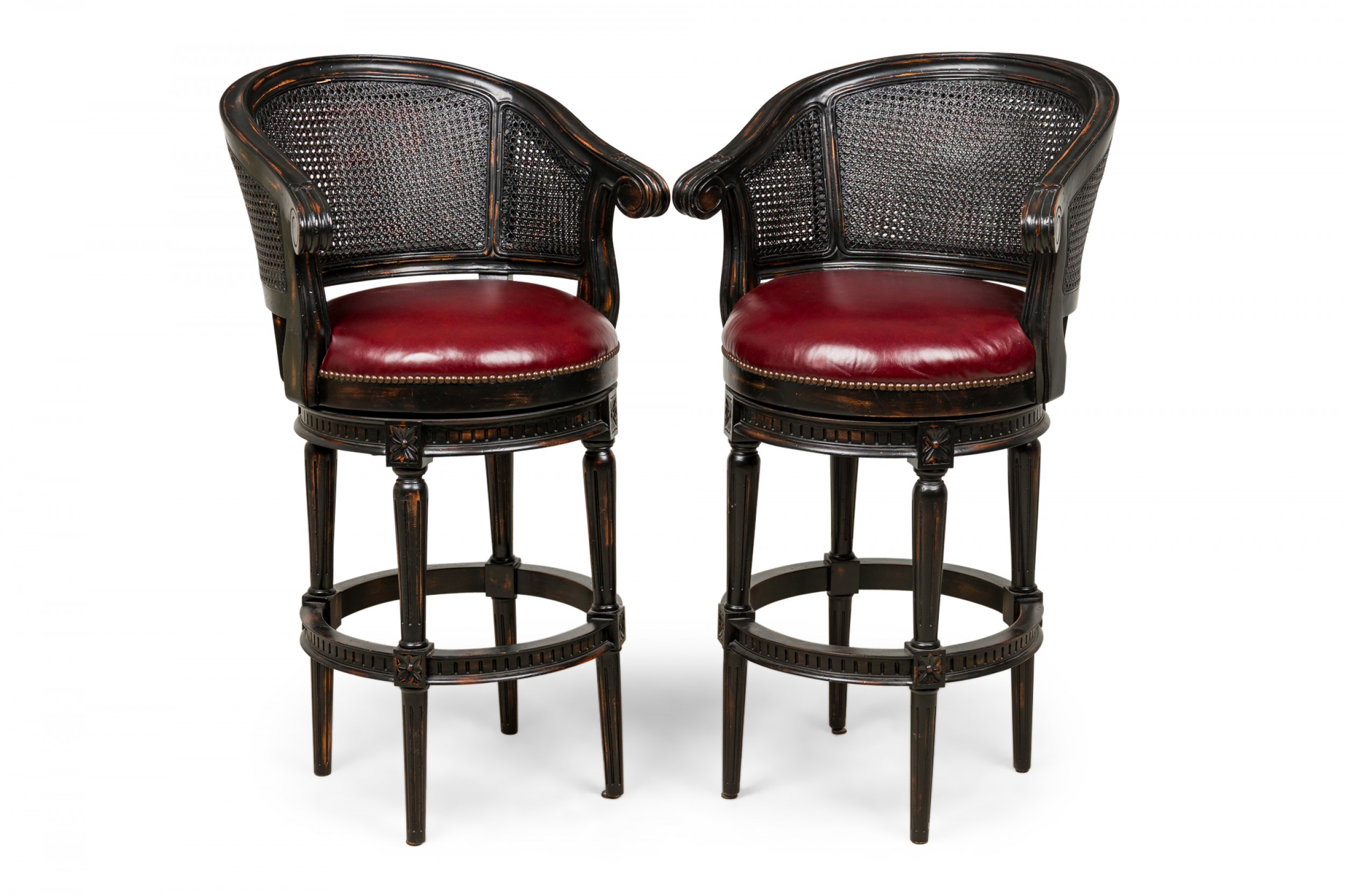 Set of 3 mid century french black wood and cane horseshoe back swivel stools with red leather seats