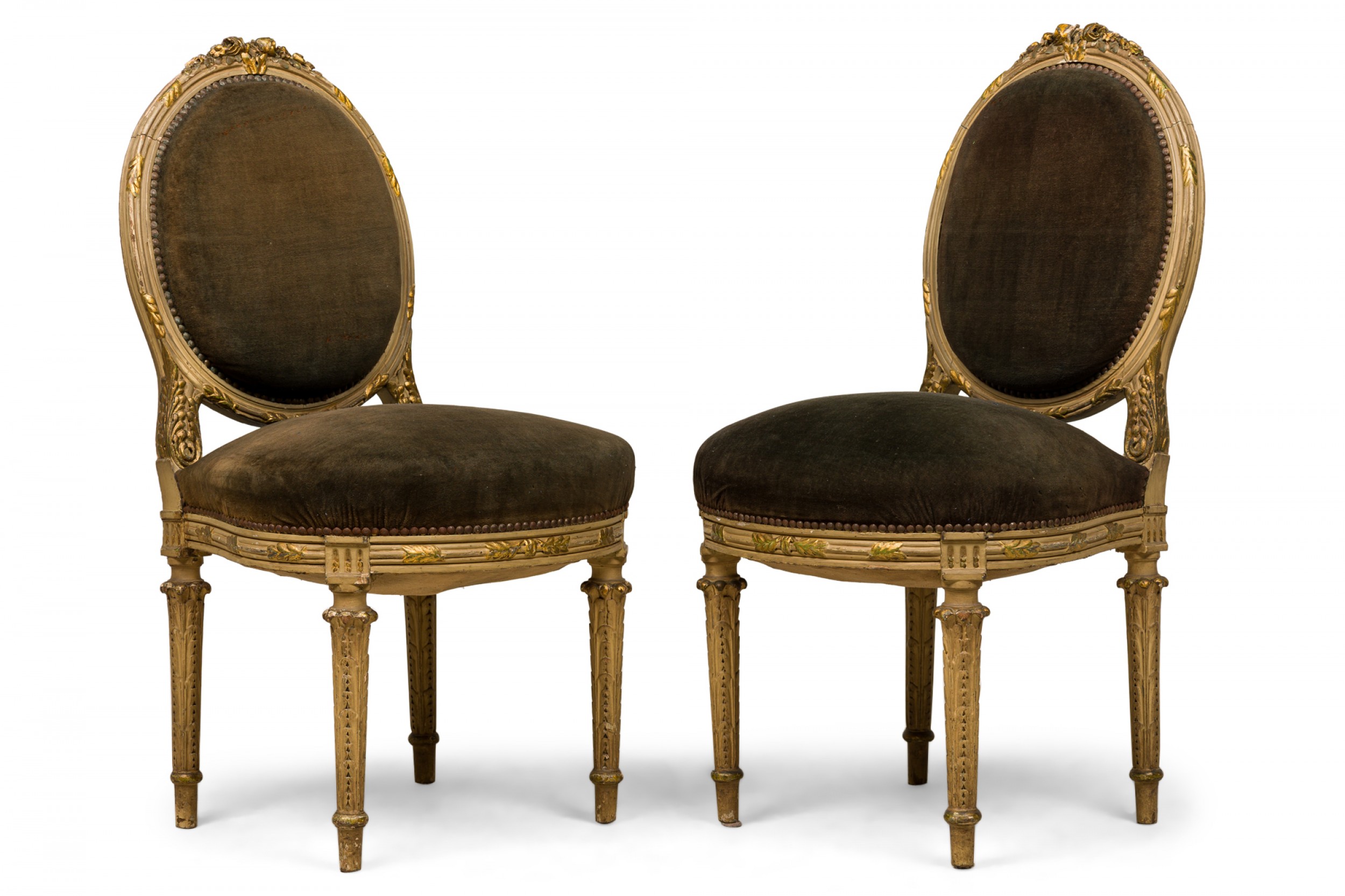 Set of 5 french louis xvi style oval back green velvet upholstered dining chairs