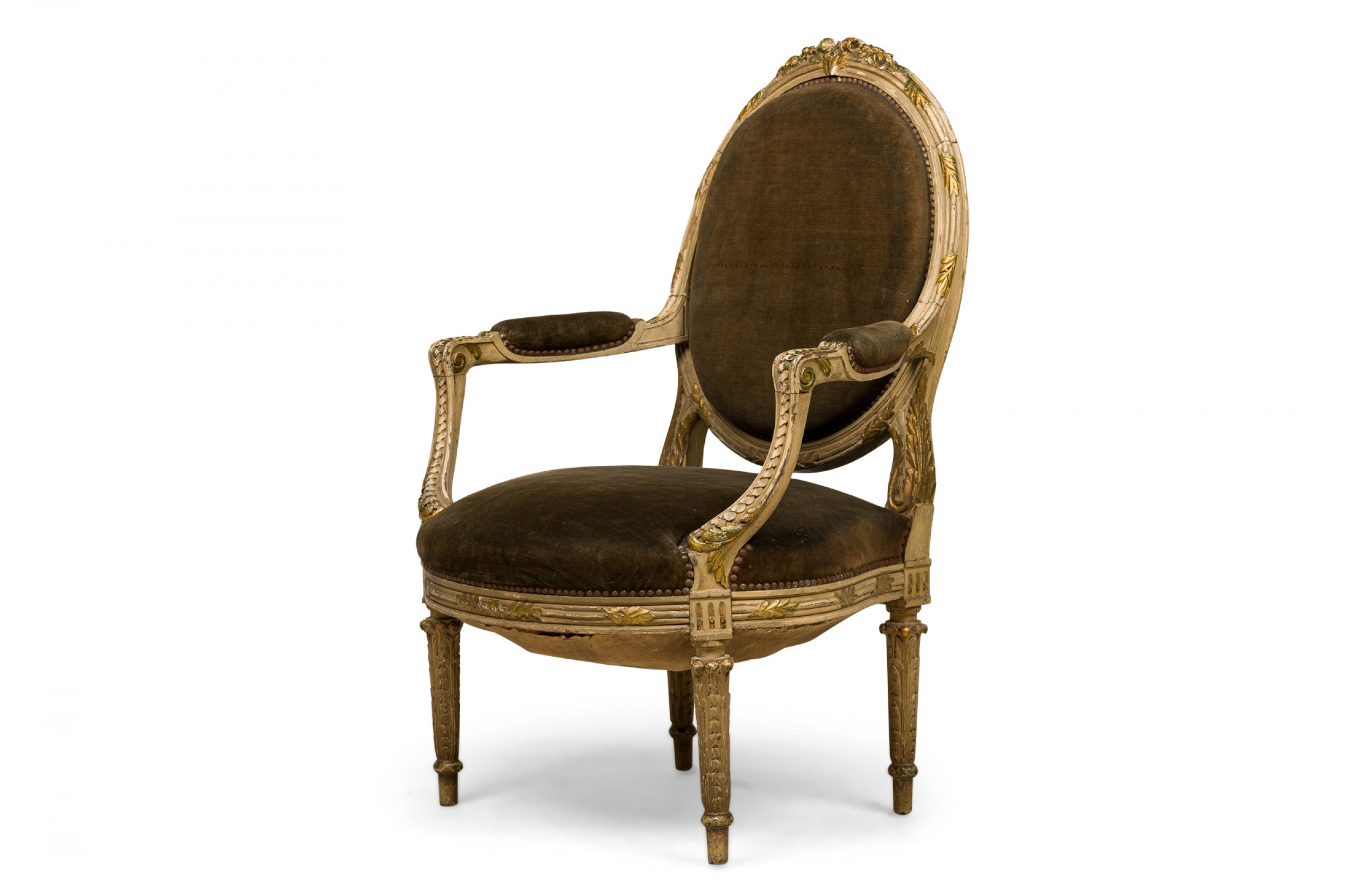 French louis xvi style oval back carved wood green velvet upholstered armchair