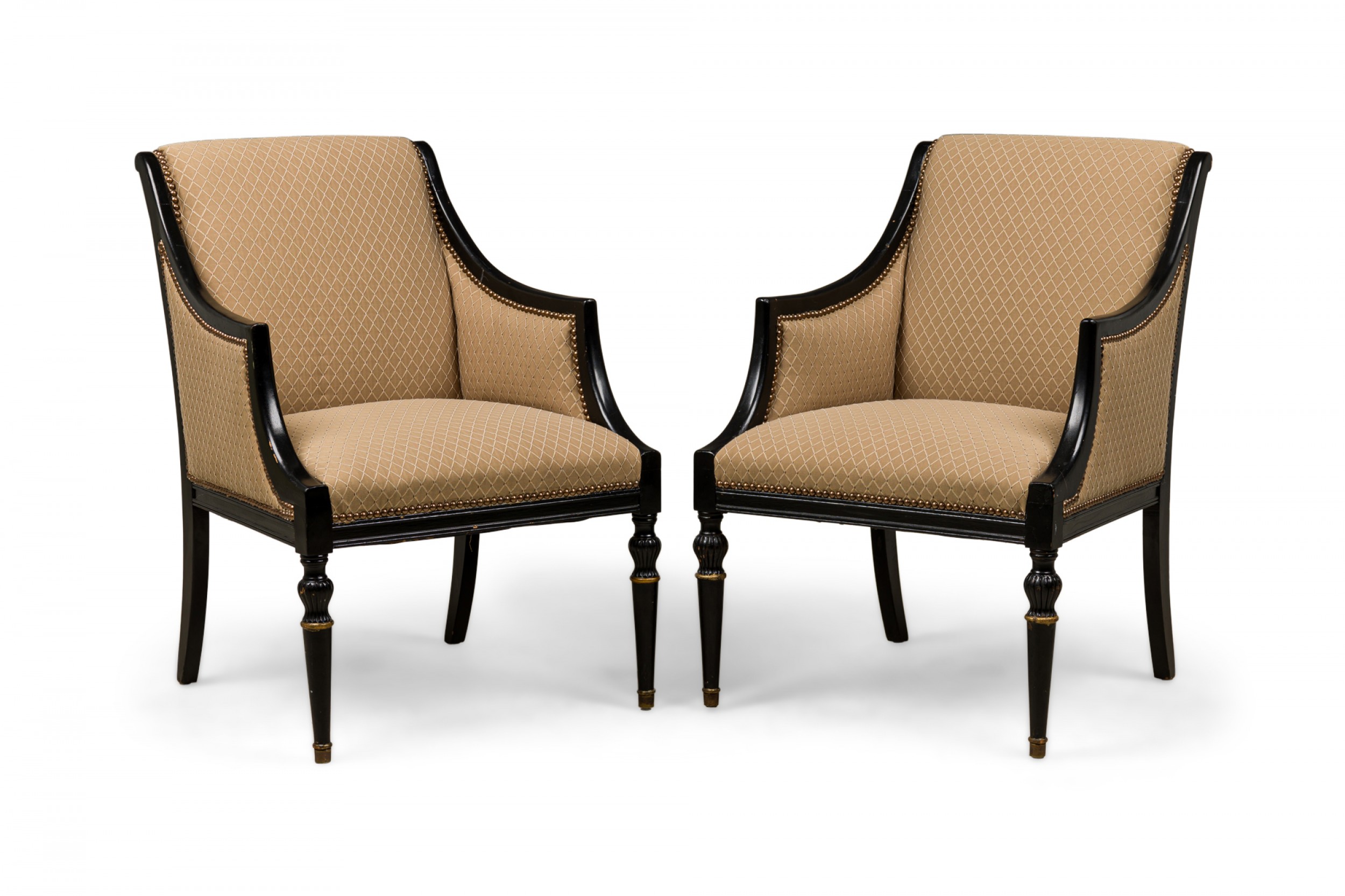 Pair of mid century french beige upholstered and black wooden frame bergere armchairs