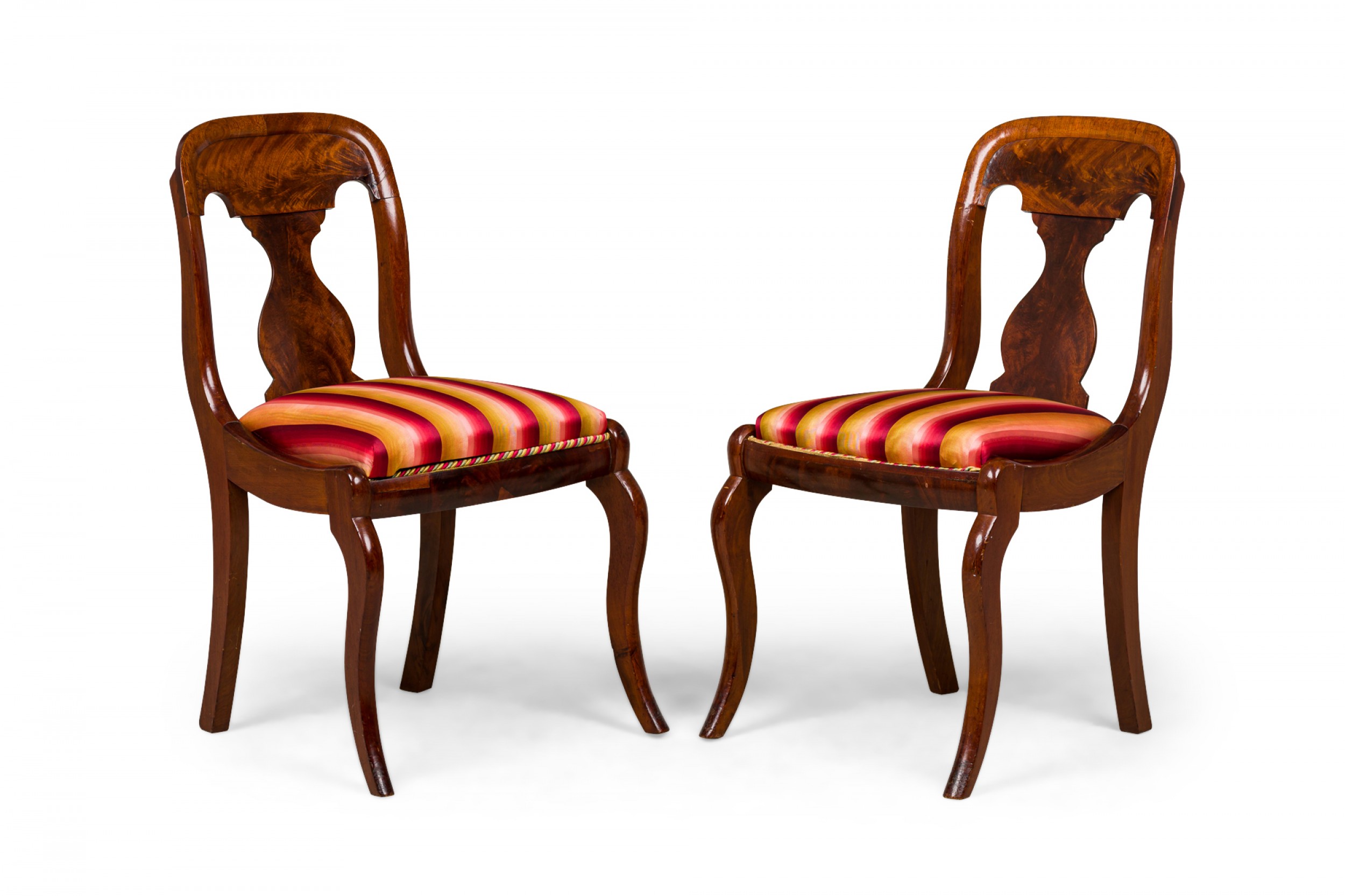 Pair of american empire style gold red stripe upholstered wooden dining side chairs