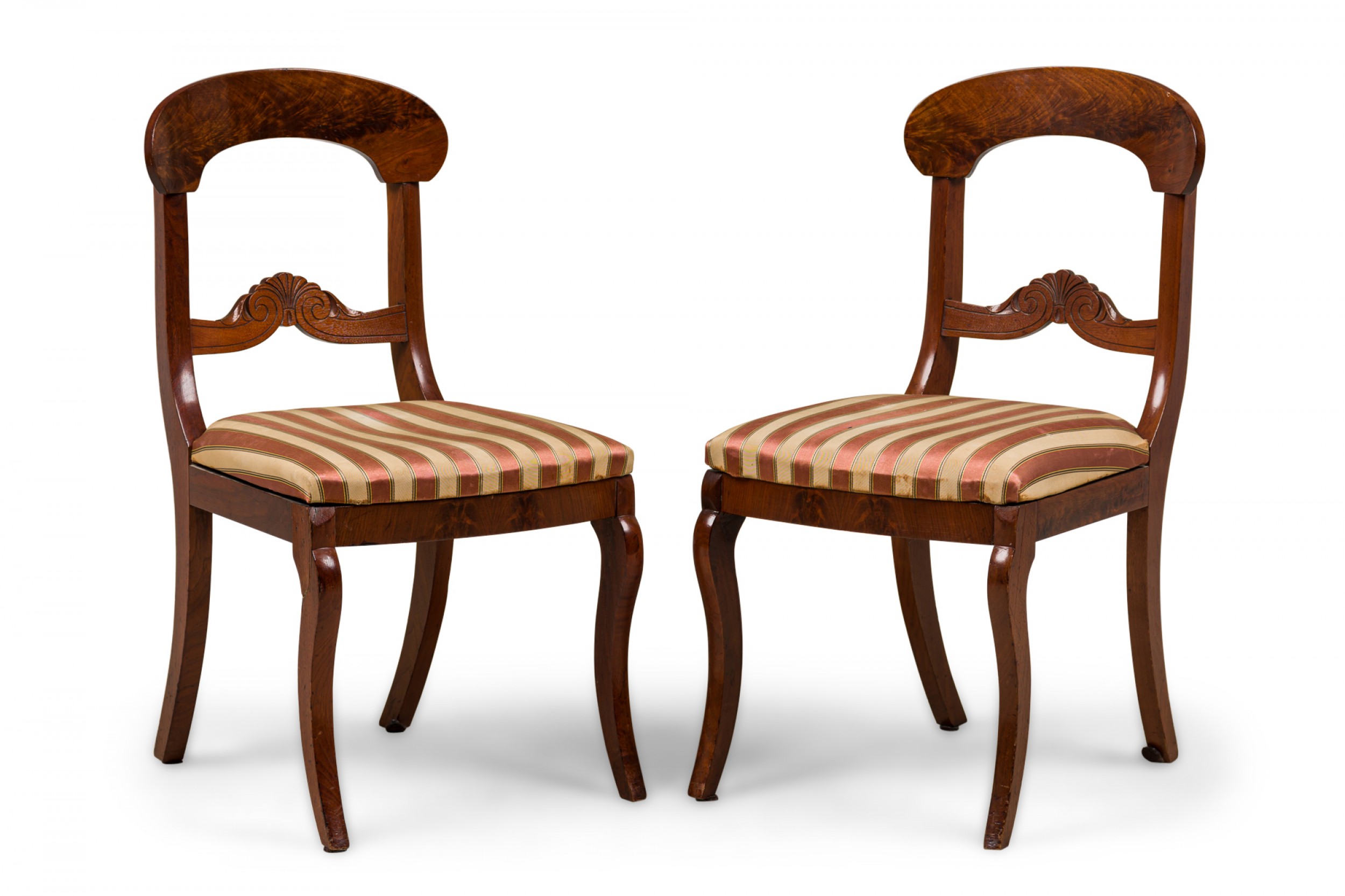 Pair of american victorian style beige pink striped upholstered wooden dining side chairs