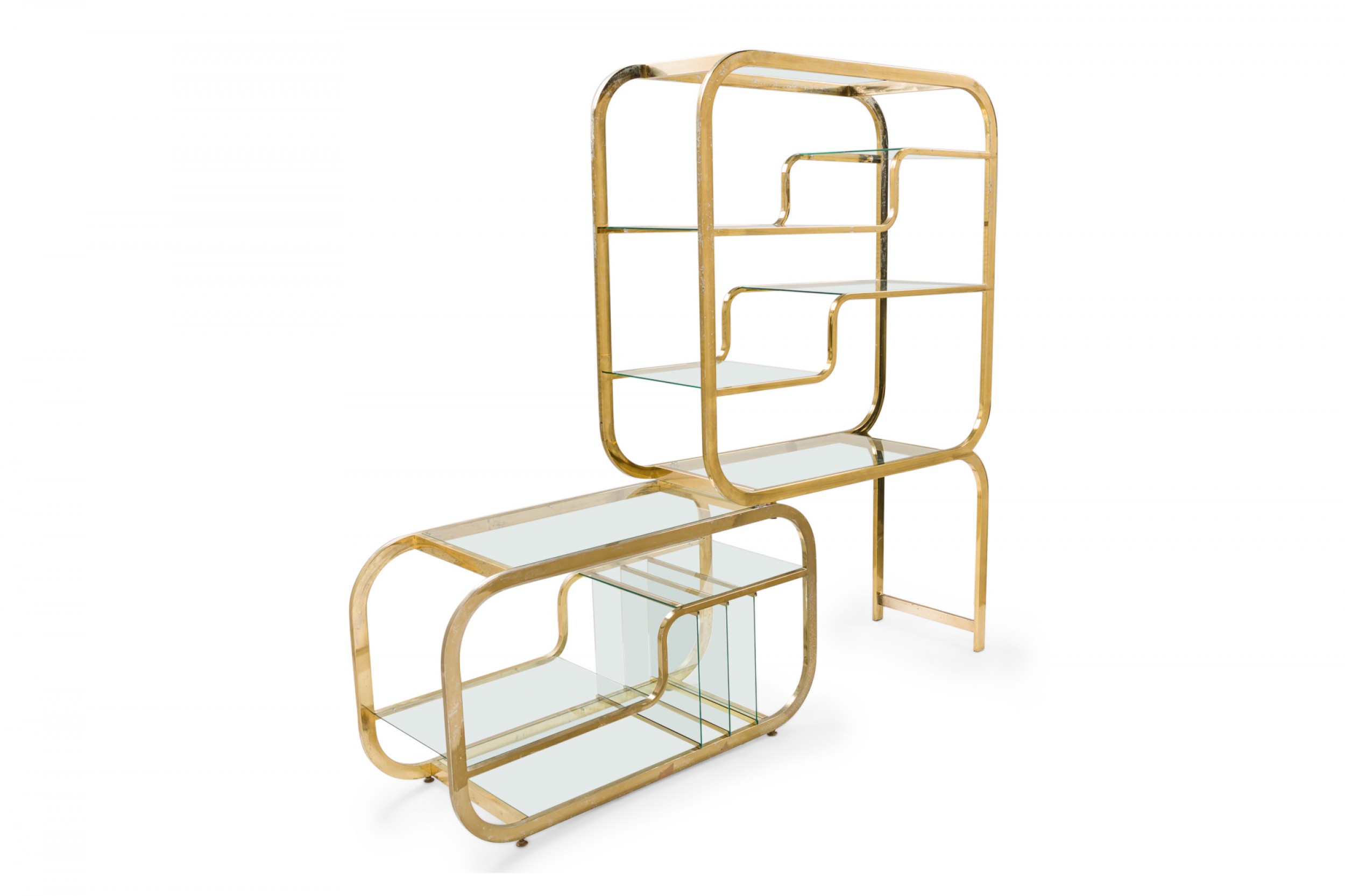 Contemporary modernist curved brass and glass etagere display shelf