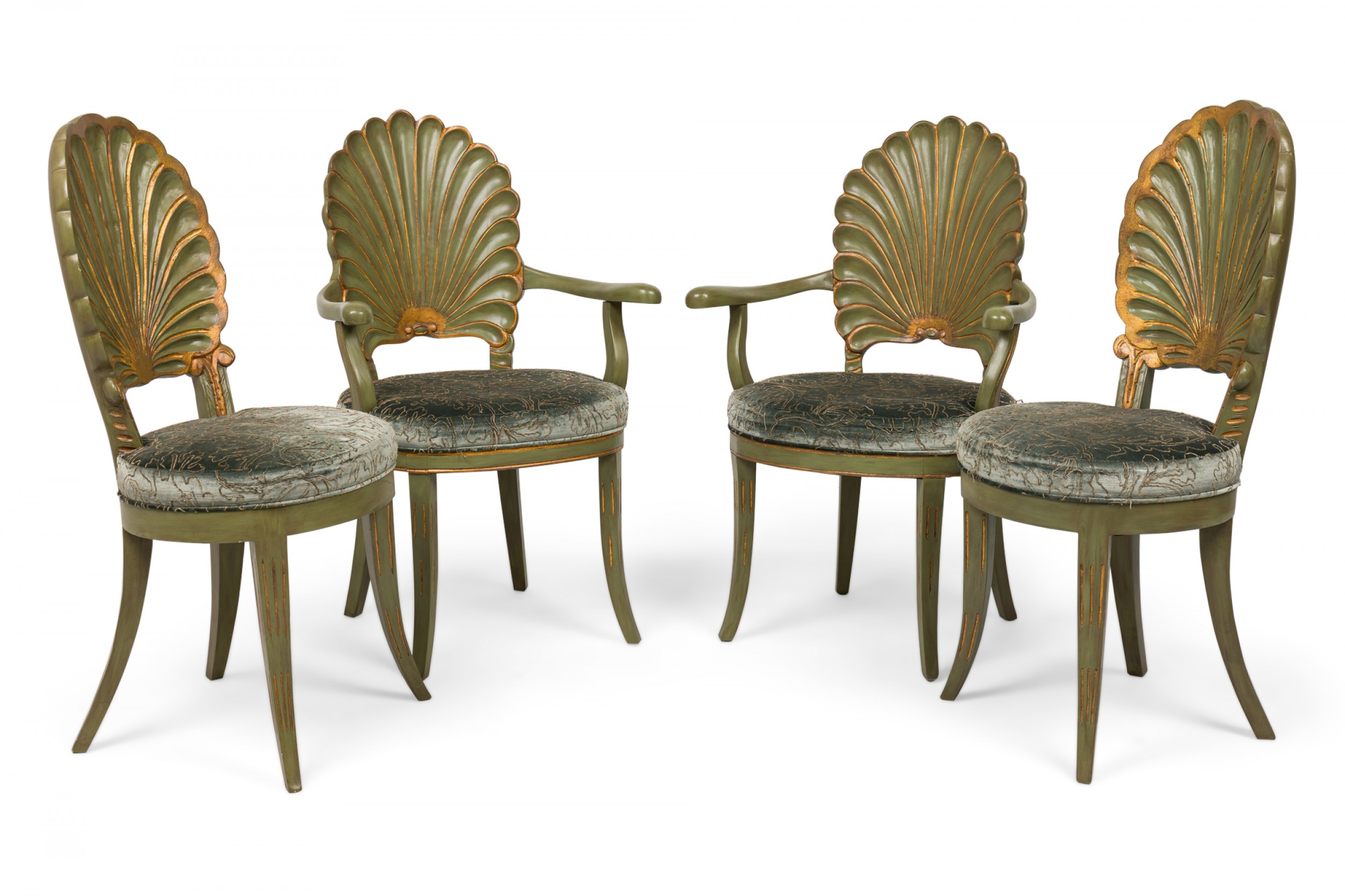 Set of 8 italian grotto mid century carved wood green upholstered shellback dining chairs 