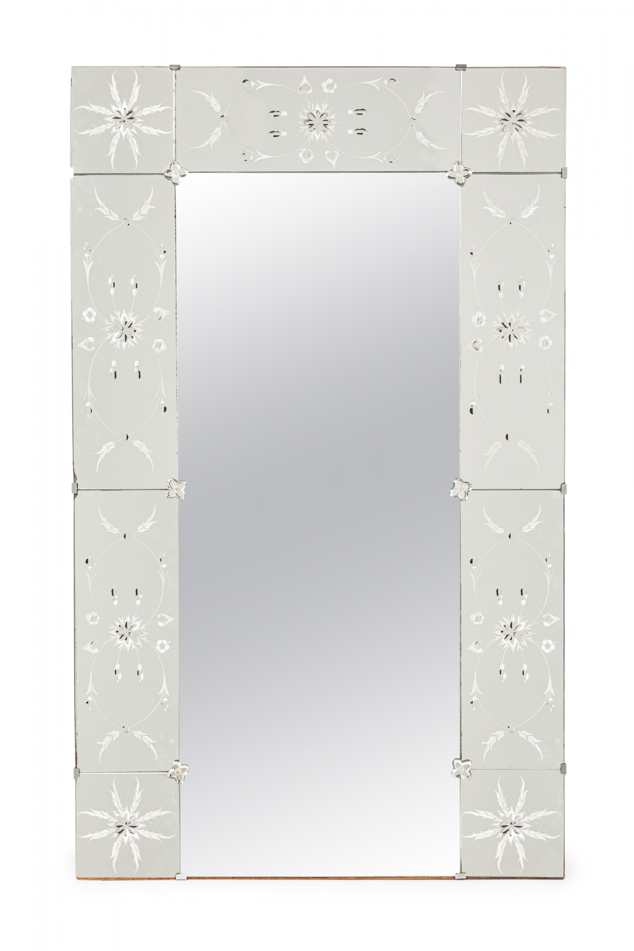Mid century italian rectangular wall mirror with etched glass floral border