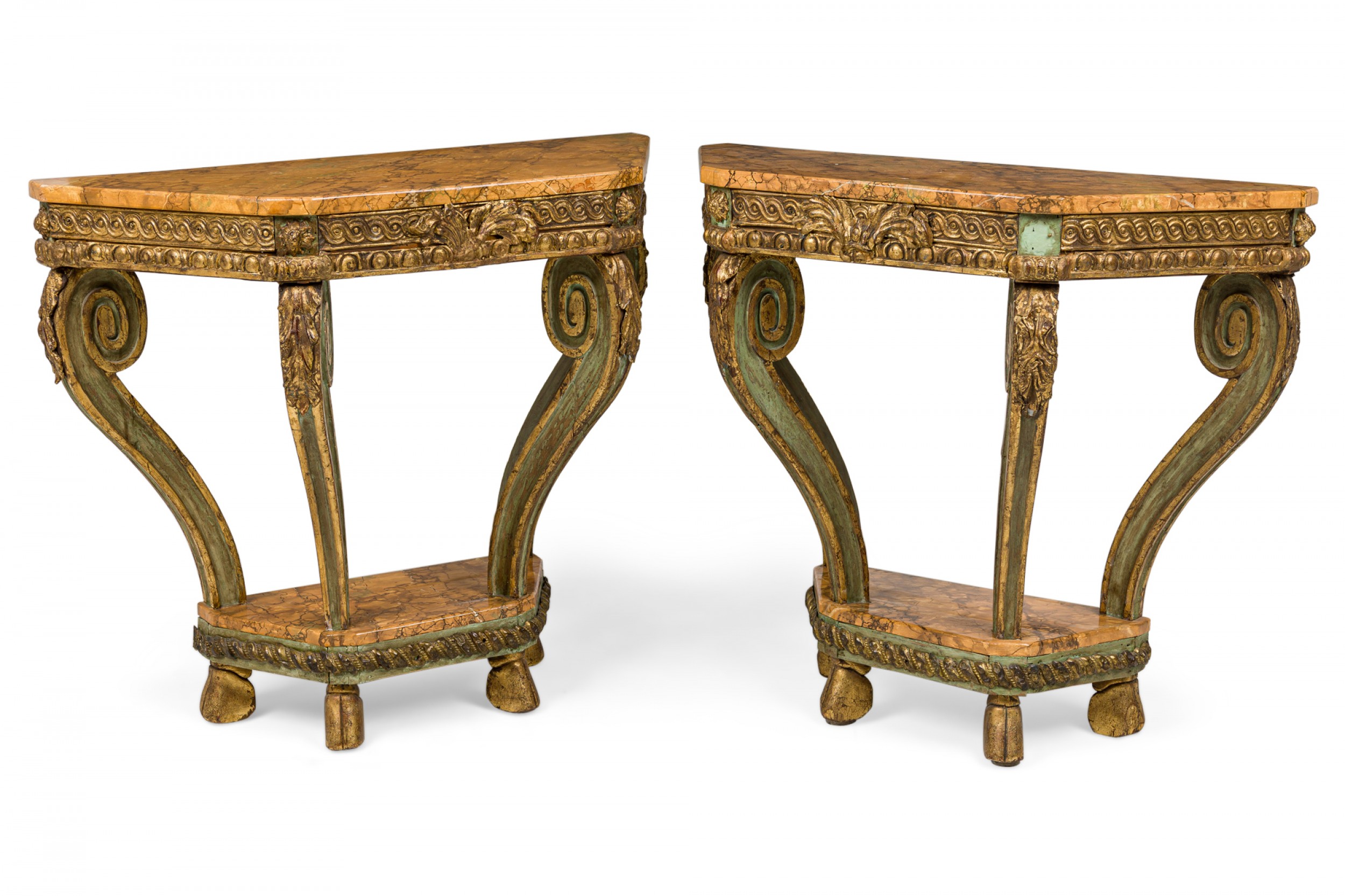 Pair of italian venetian faux marble topped scroll form carved console tables