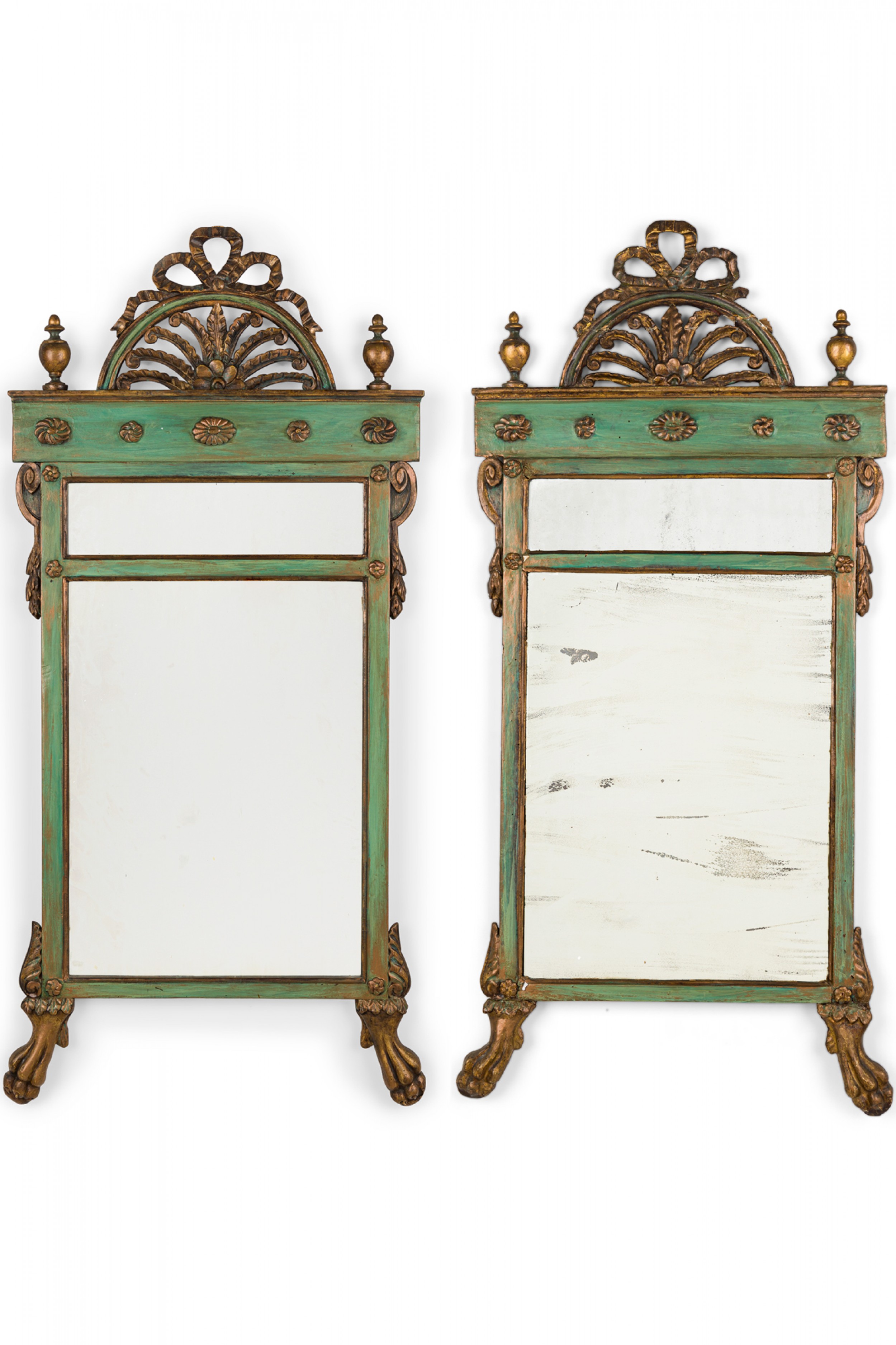 Pair of Italian neoclassical green painted trumeau dual mirrors with arch and bow pediments