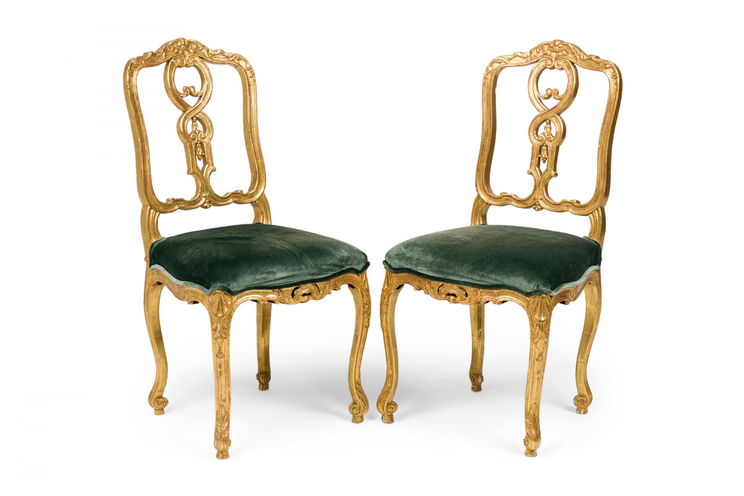 Pair of italian venetian 19th century giltwood and green velvet side chairs