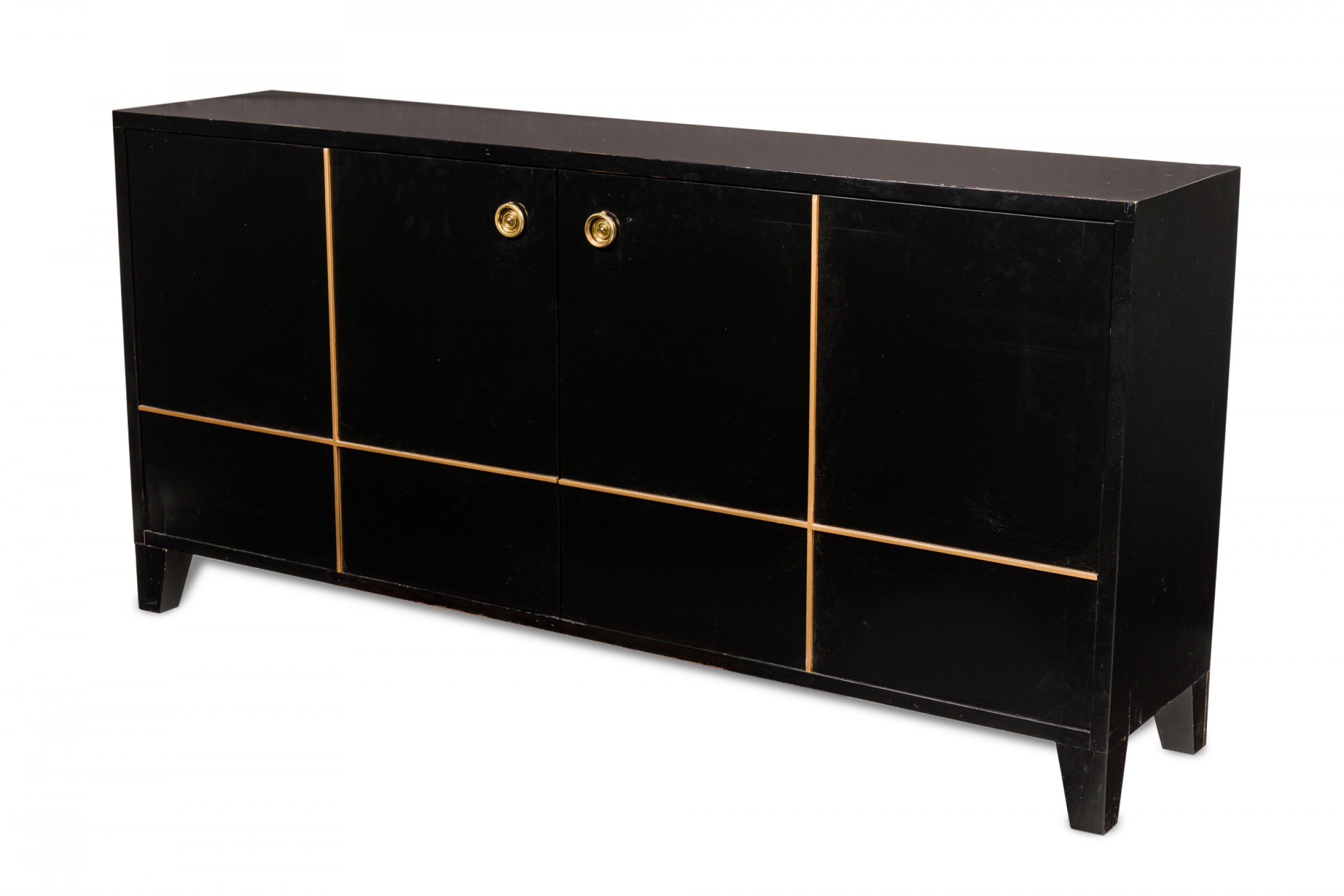 Contemporary american black and gold painted geometric design console cabinet sideboard