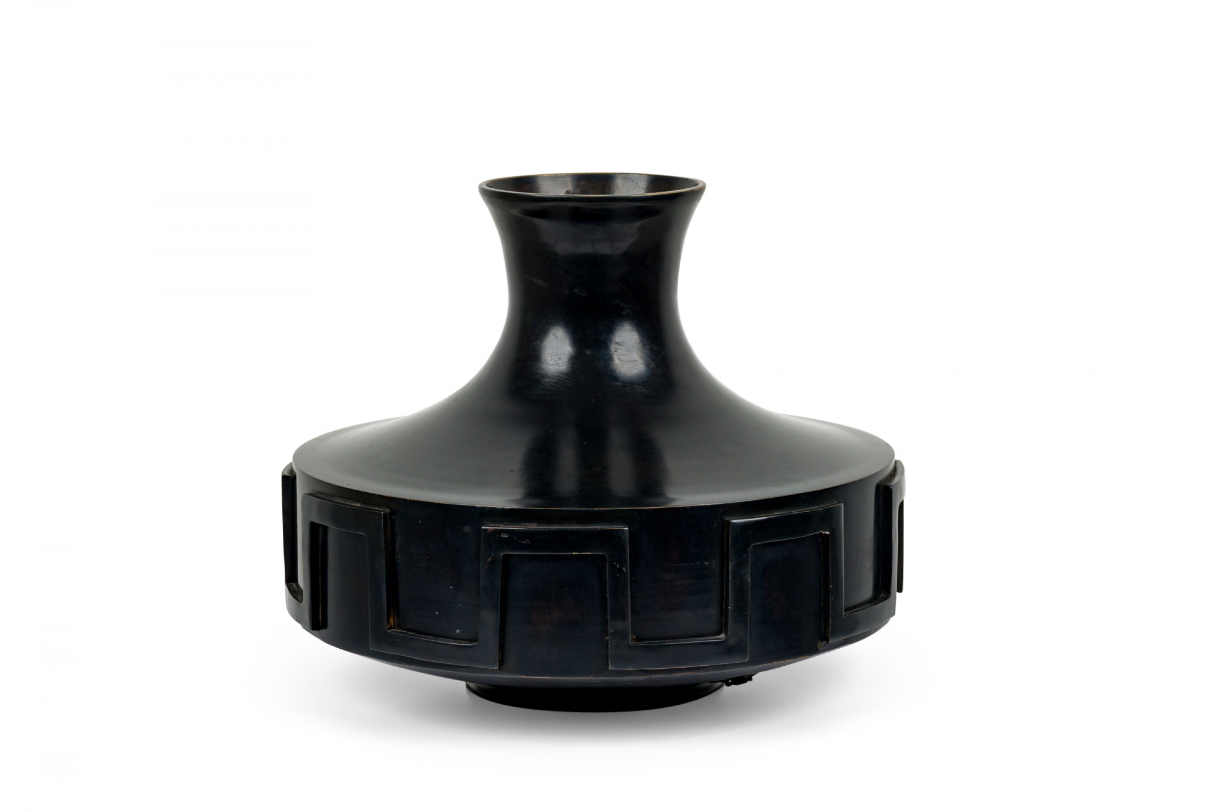 Contemporary greek key design black finished bronze urn vase