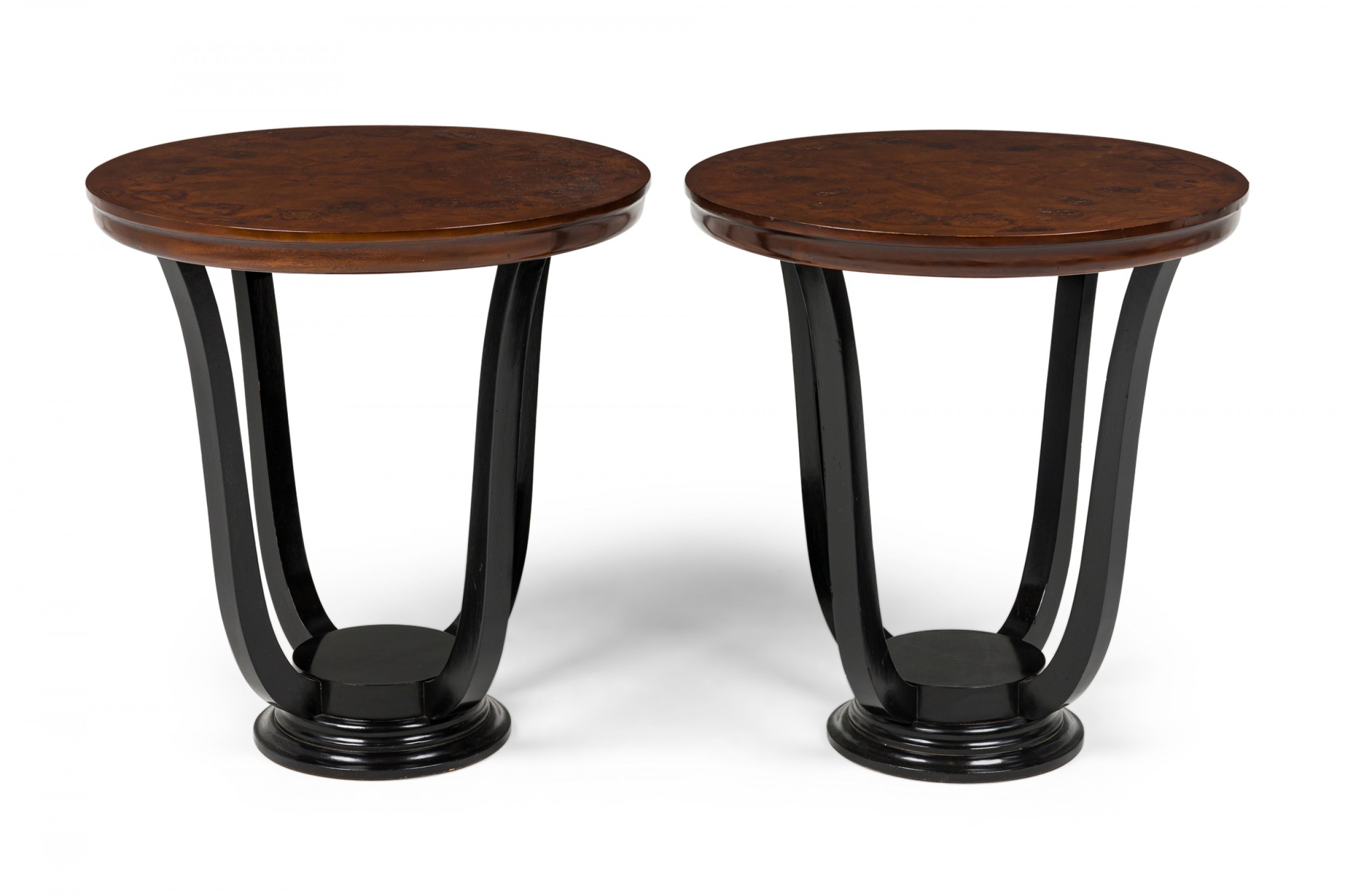 Pair of art deco mid century burl circular end side tables with mahogany veneered bases