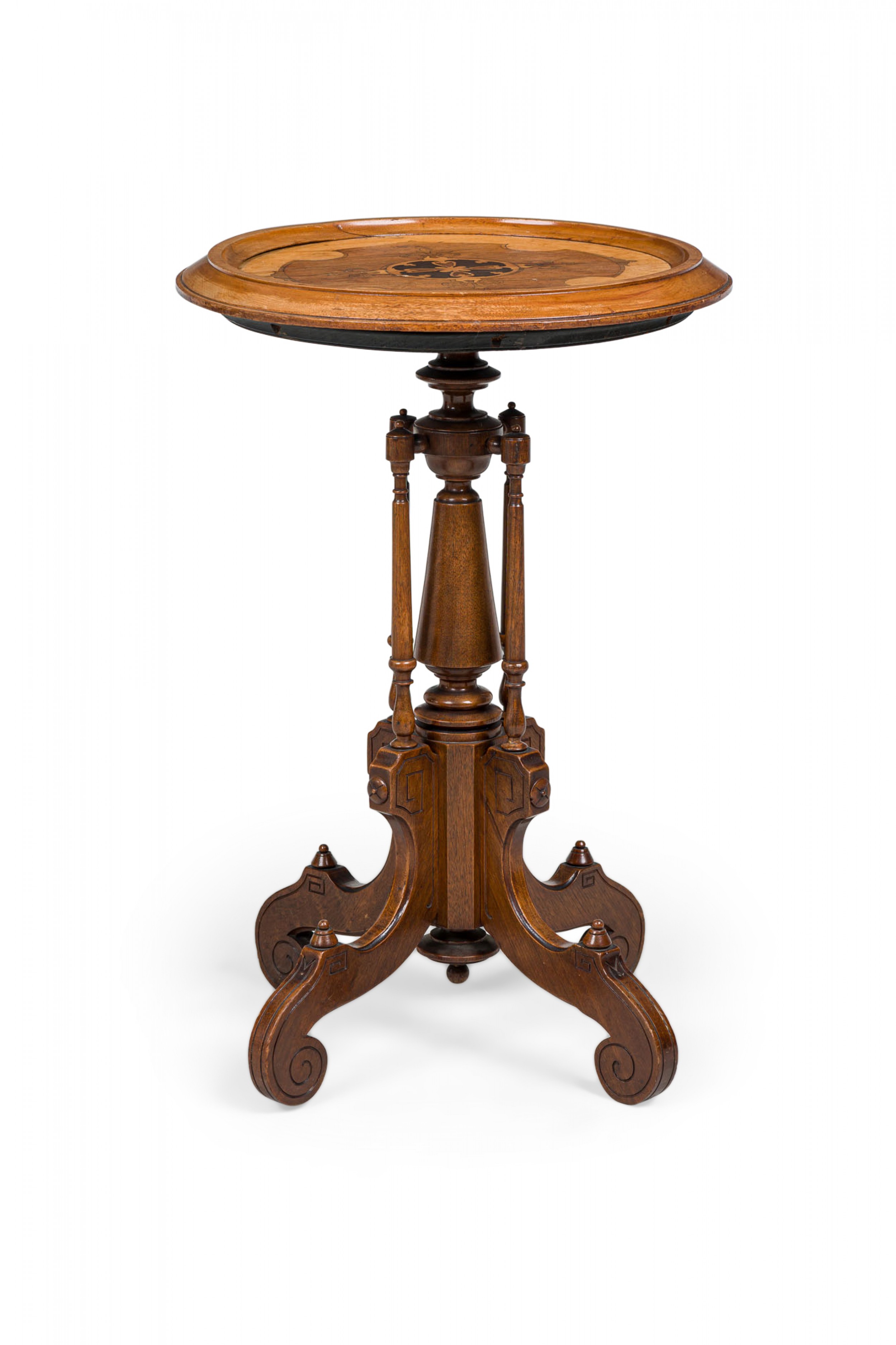 American victorian circular carved wood plant stand side table with inlaid parquetry