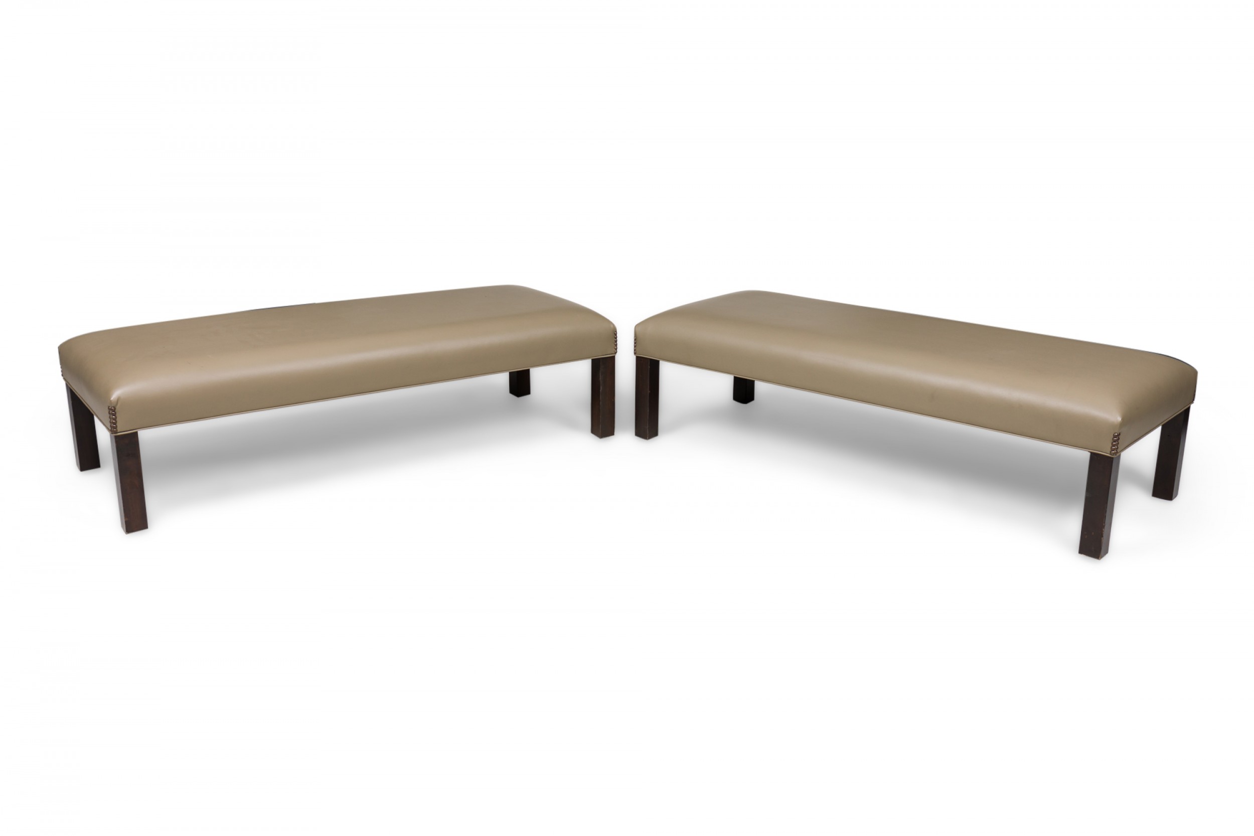 Pair of contemporary taupe leather upholstered benches