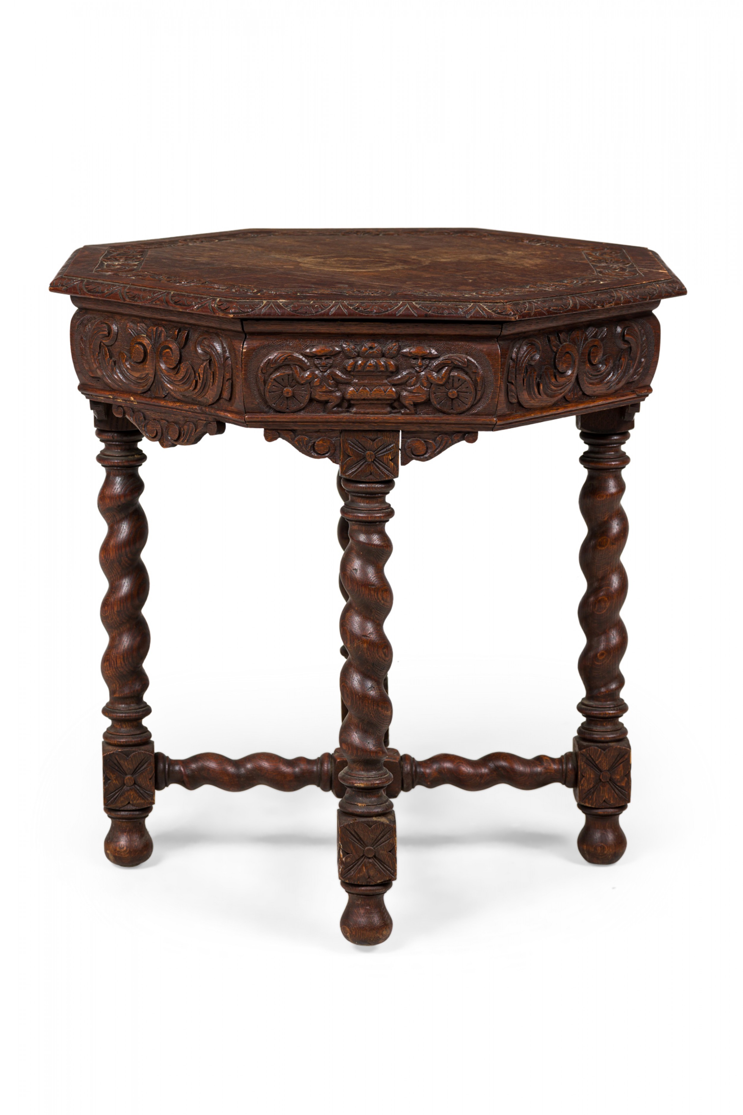 English jacobean style carved spiral turned leg octagonal occasional side table