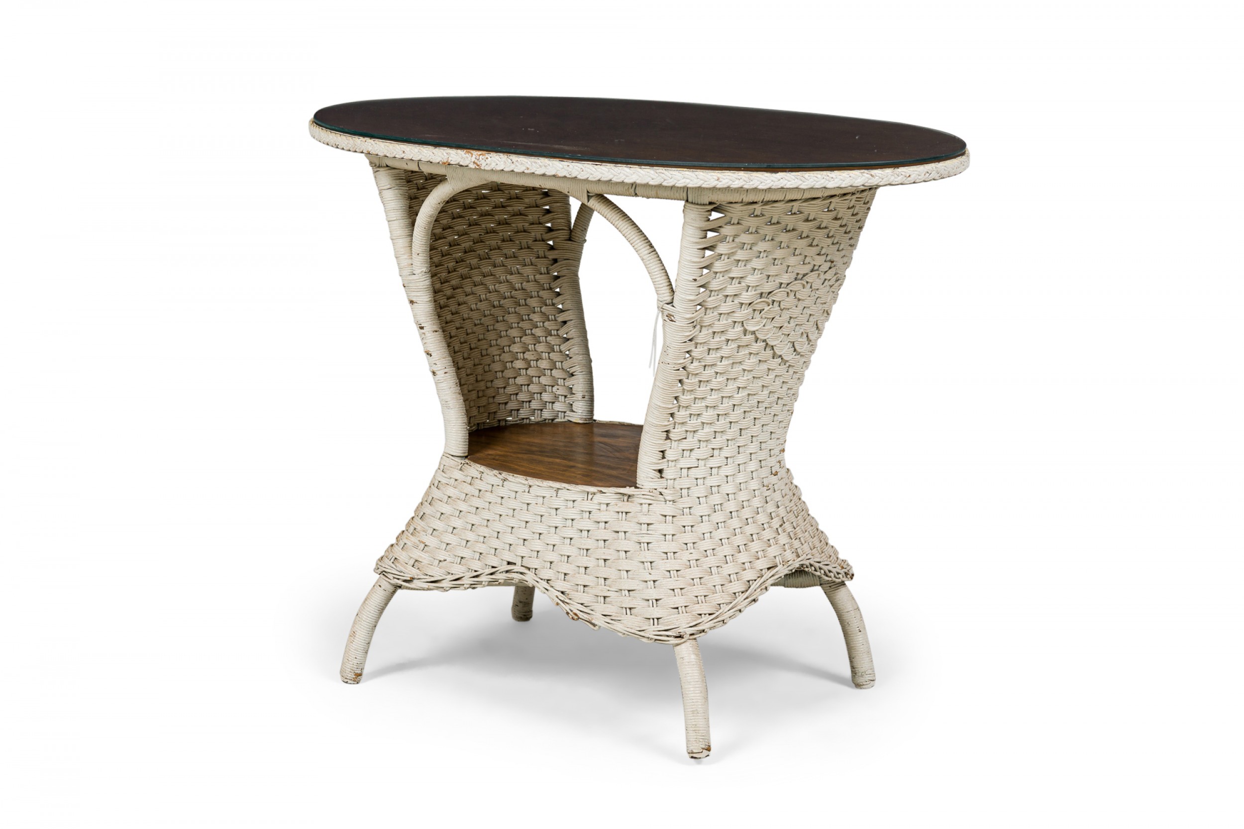 Mid century victorian style white painted wicker wood and glass console table