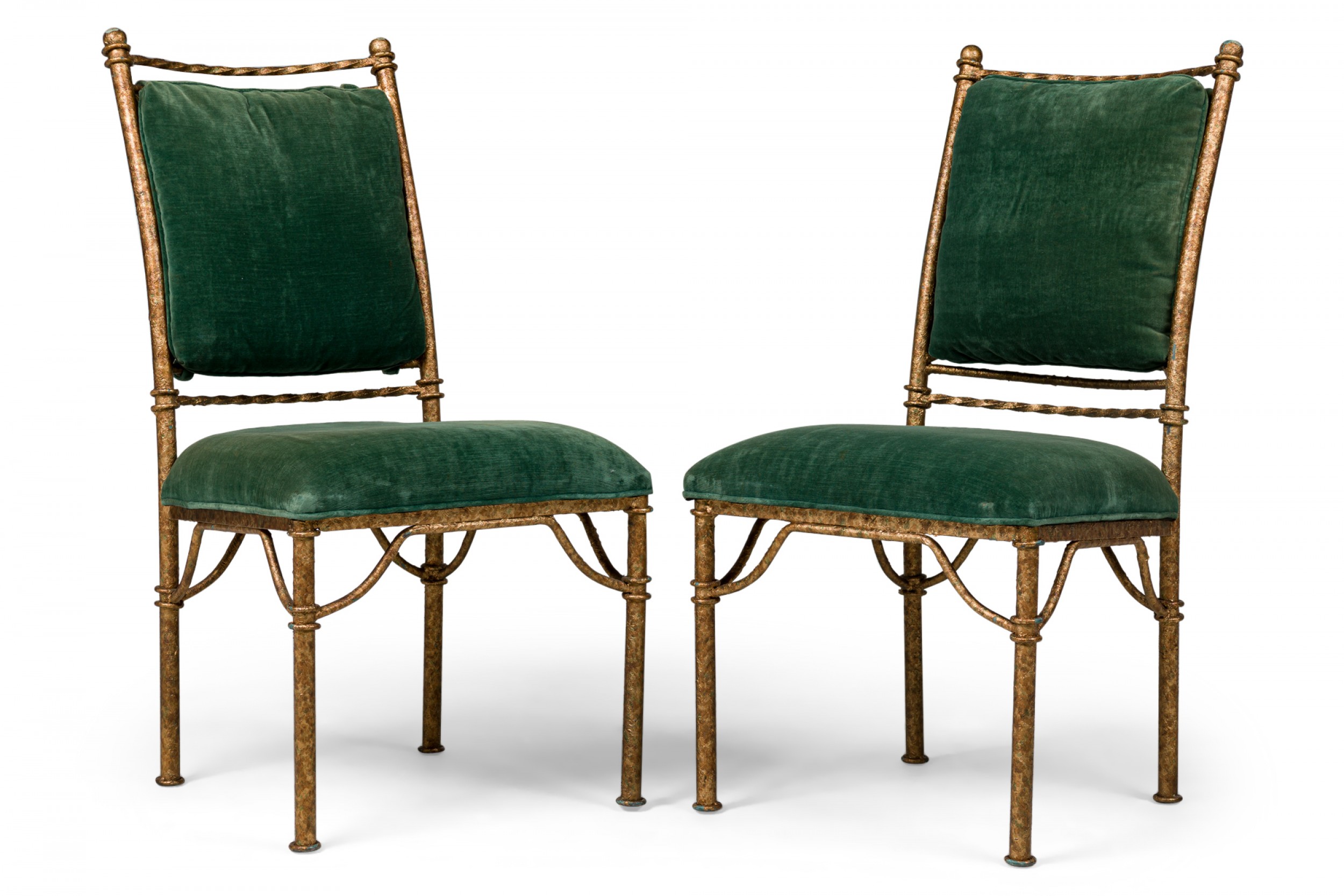 Set of 6 italian mid century gilt iron and green velvet side chairs