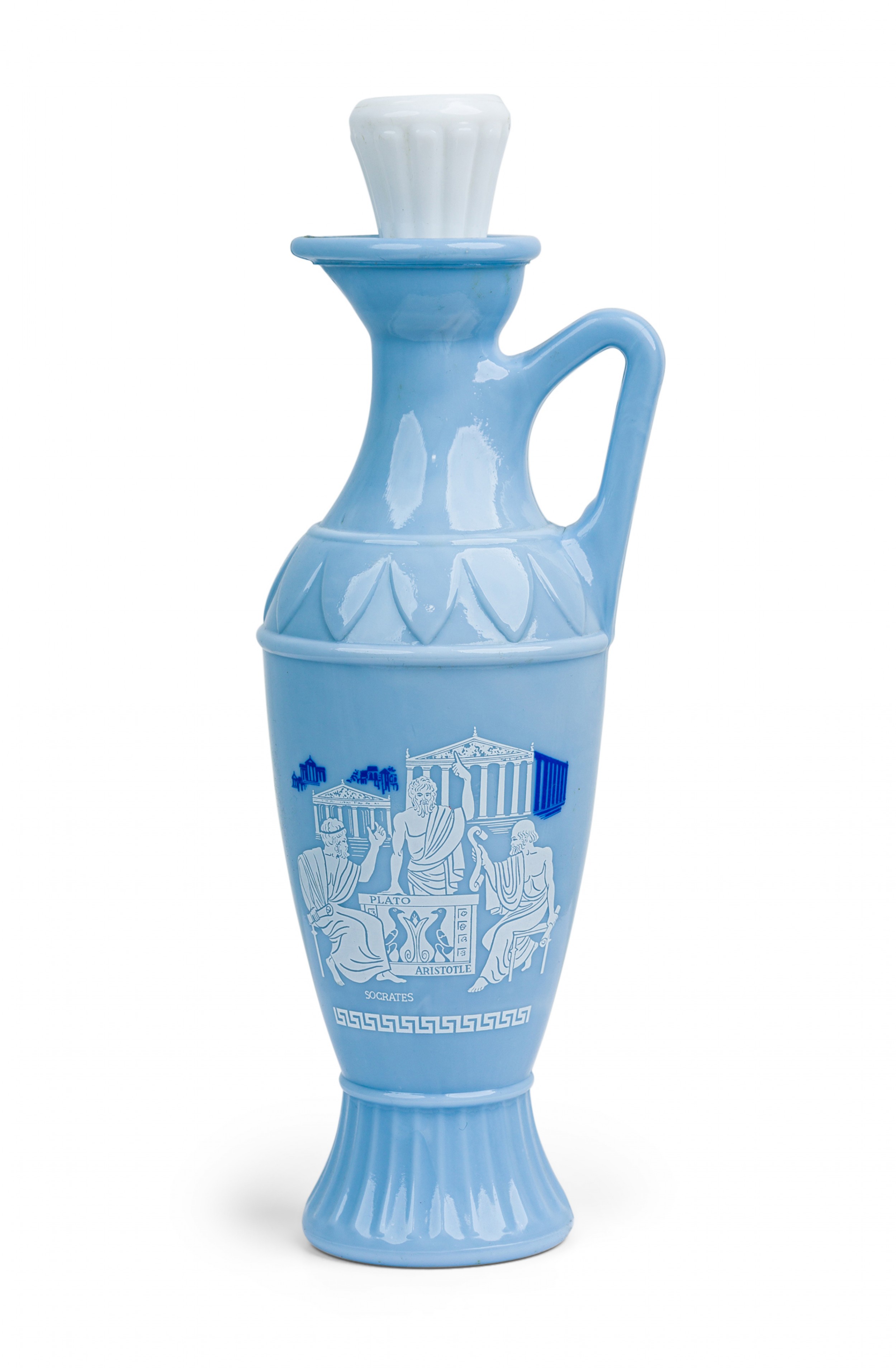 Mid century jim beam novelty light blue milk glass greek philosopher motif bourbon pitcher 