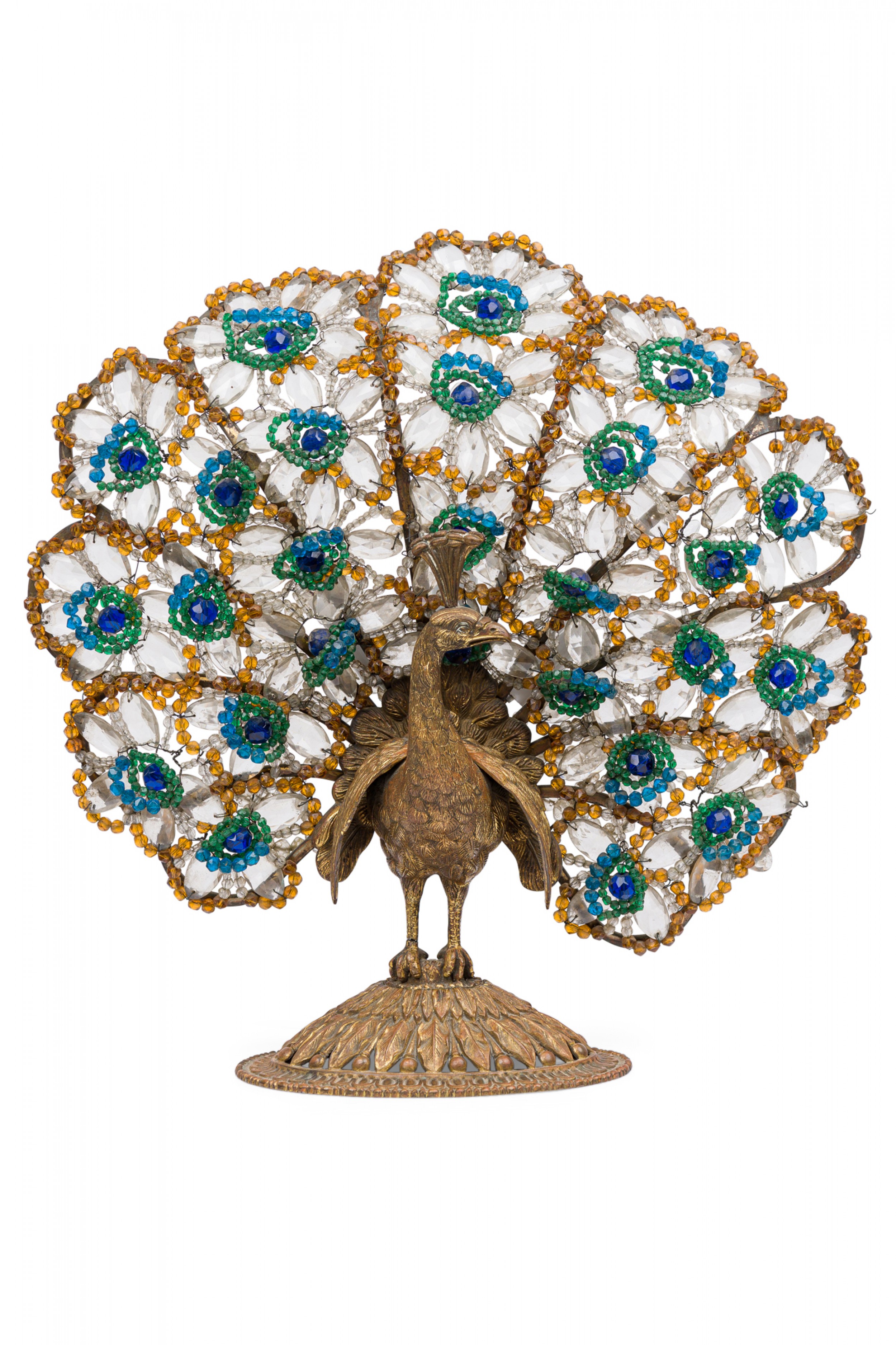 Early 20th century czechoslovakian cast bronze and glass beaded peacock table lamps