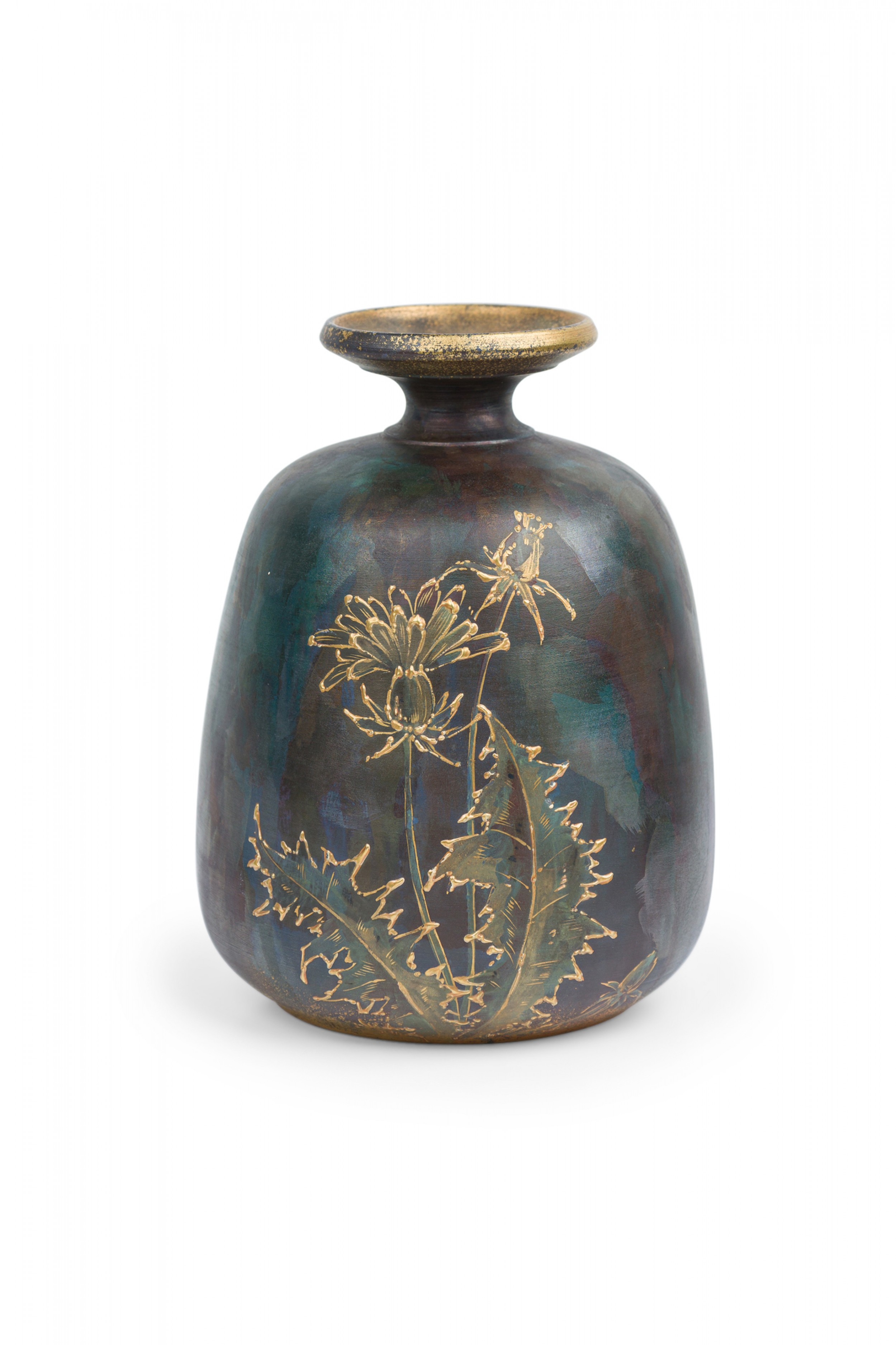 Vintage ceramic raised gold dandelion motif and oxidized glaze ceramic vase