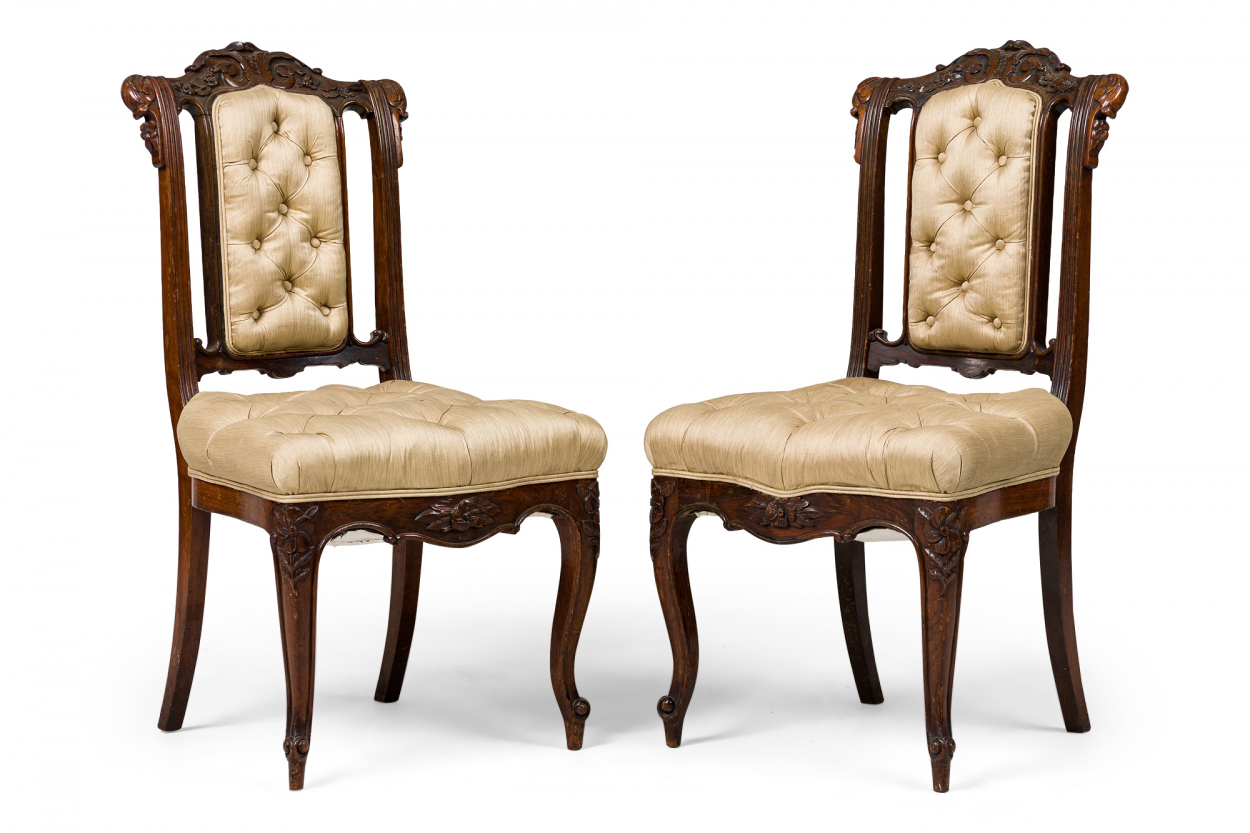 Set of 4 french louis xv style carved mahogany and beige tufted upholstered side chairs