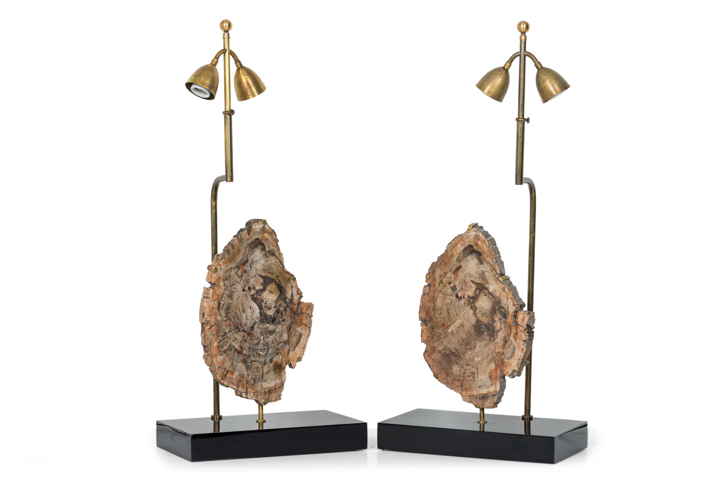 Pair of maison jansen mid century french petrified wood table lamps on black lacquered bases