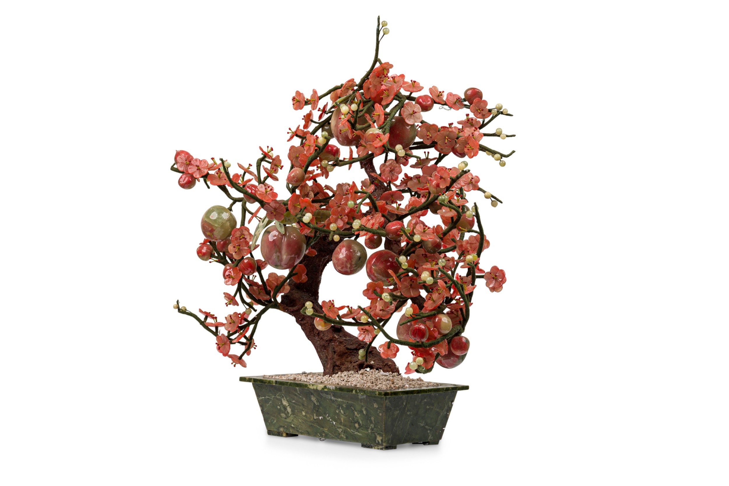 Chinese glass cherry blossom sculpture potted in a green planter