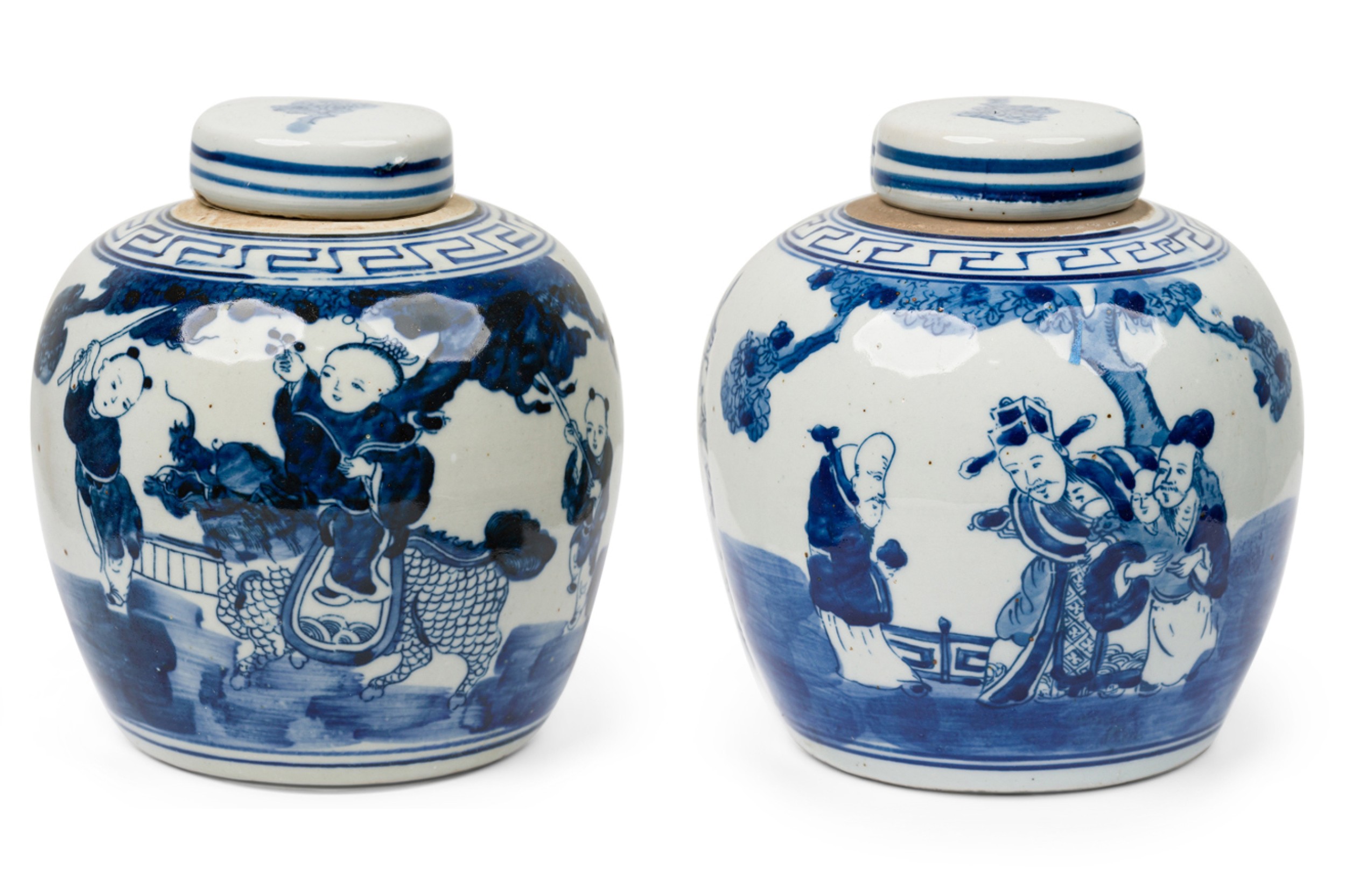 Pair of chinese blue white porcelain covered jars with figural scenes